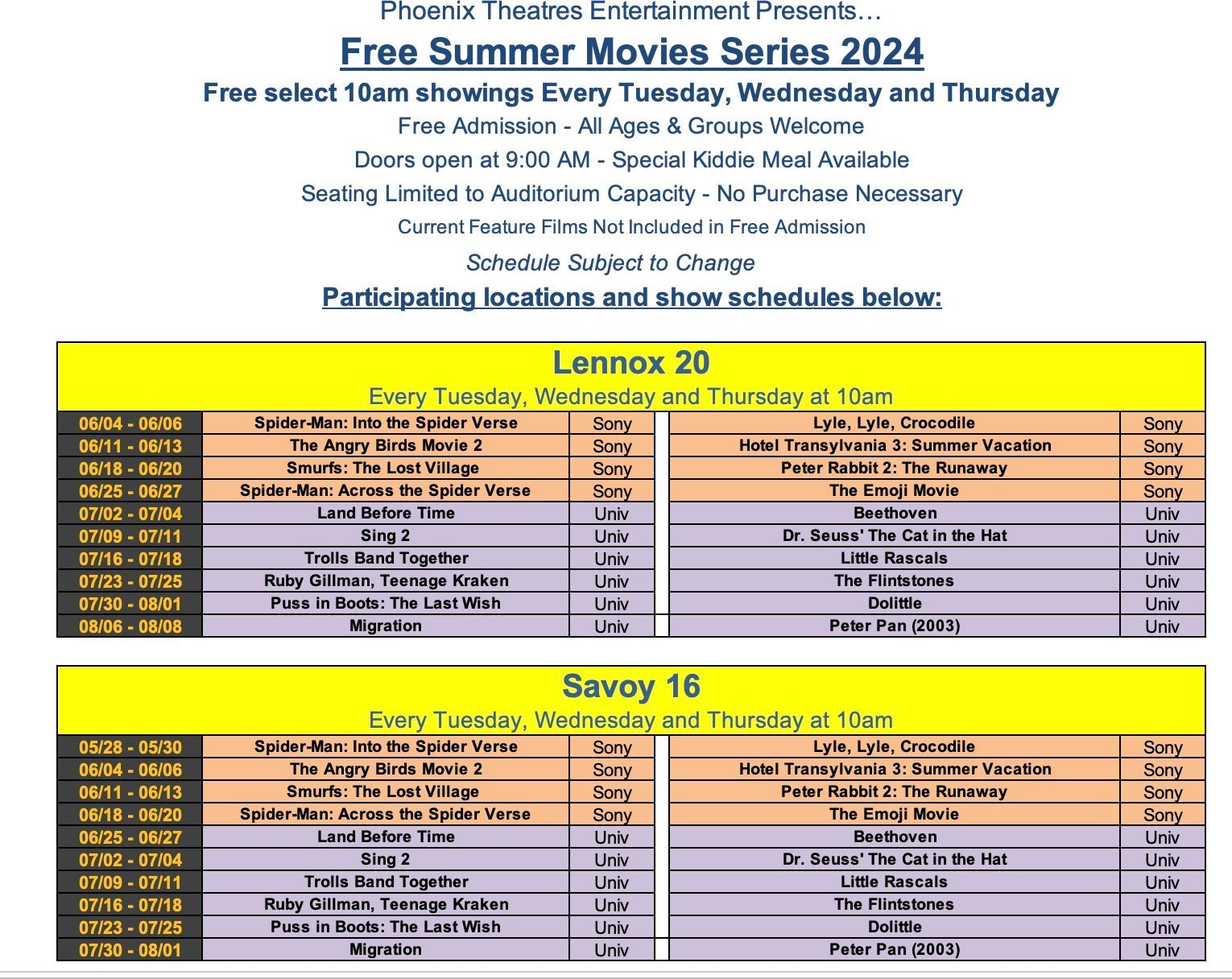 Free Summer Movie Series Lennox and Savoy