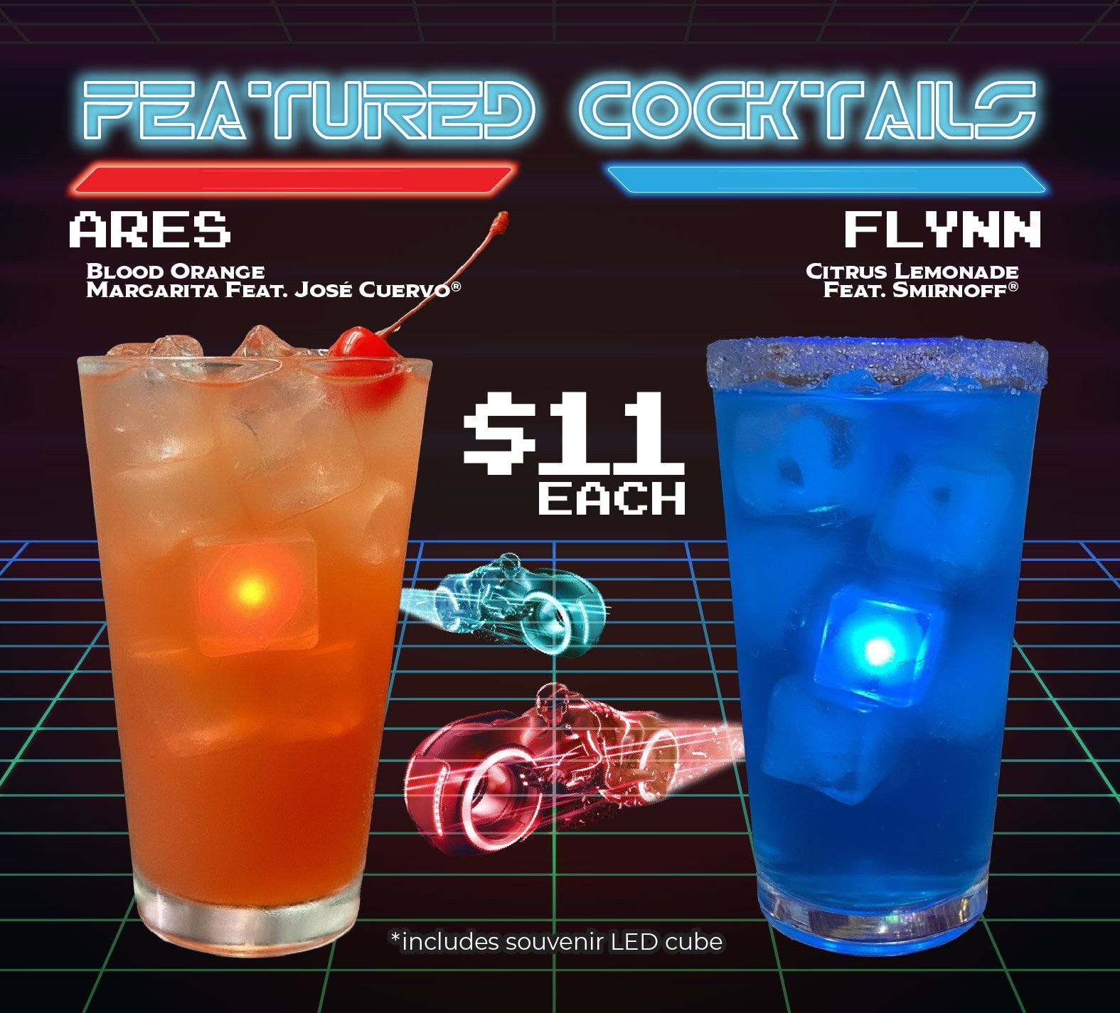 Featured Cocktails: Ares $11- Blood Orange Margarita Feat. Jose Cuervo & Flynn $11- Citrus Lemonade Feat. Smirnoff