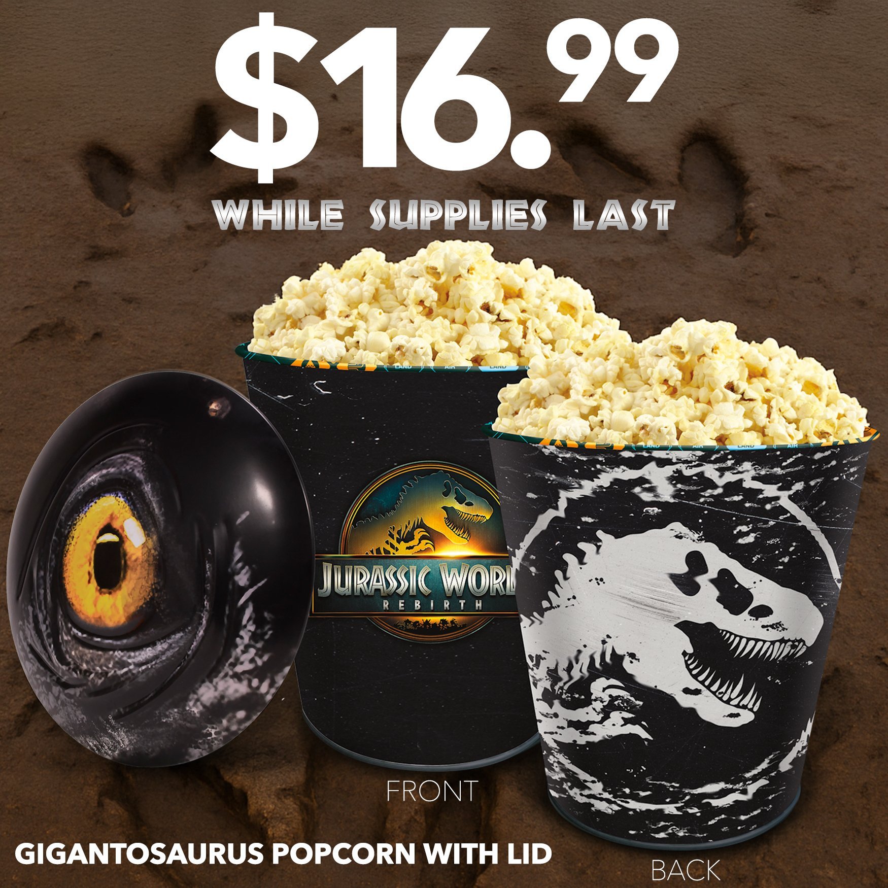 Get your gigantosaurus-sized collectible Jurassic World Rebirth popcorn tin for $16.99, while supplies last. Available starting July 2nd.