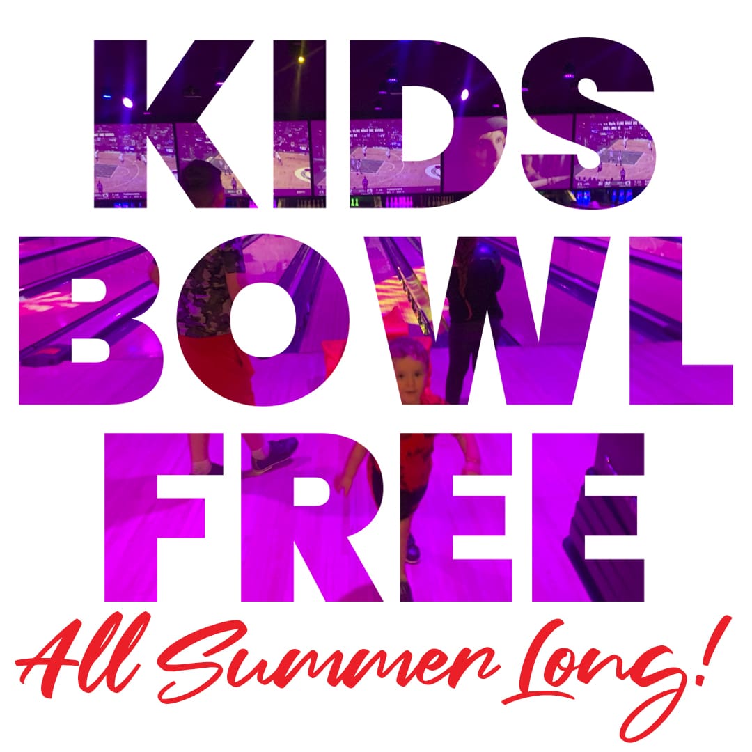 white background. letters read KIDS BOWL FREE All Summer Long!