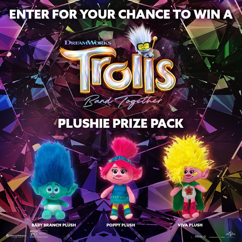 A Trolls Band Together plushie prize pack with Baby Branch, Poppy, and Viva plush toys