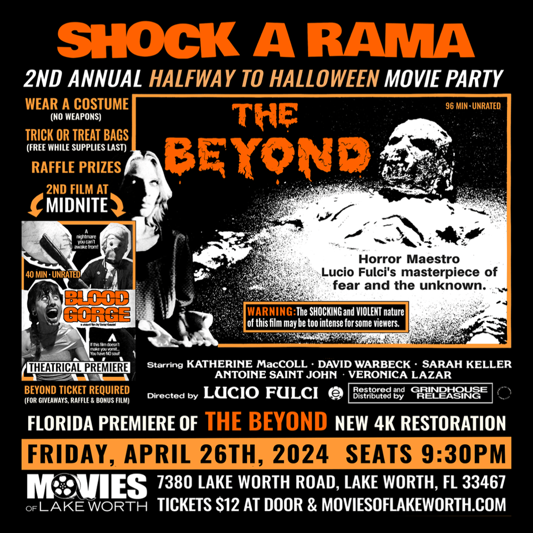 poster for shock a rama the beyond halfway to halloween party at movies of lake worth friday april 26
