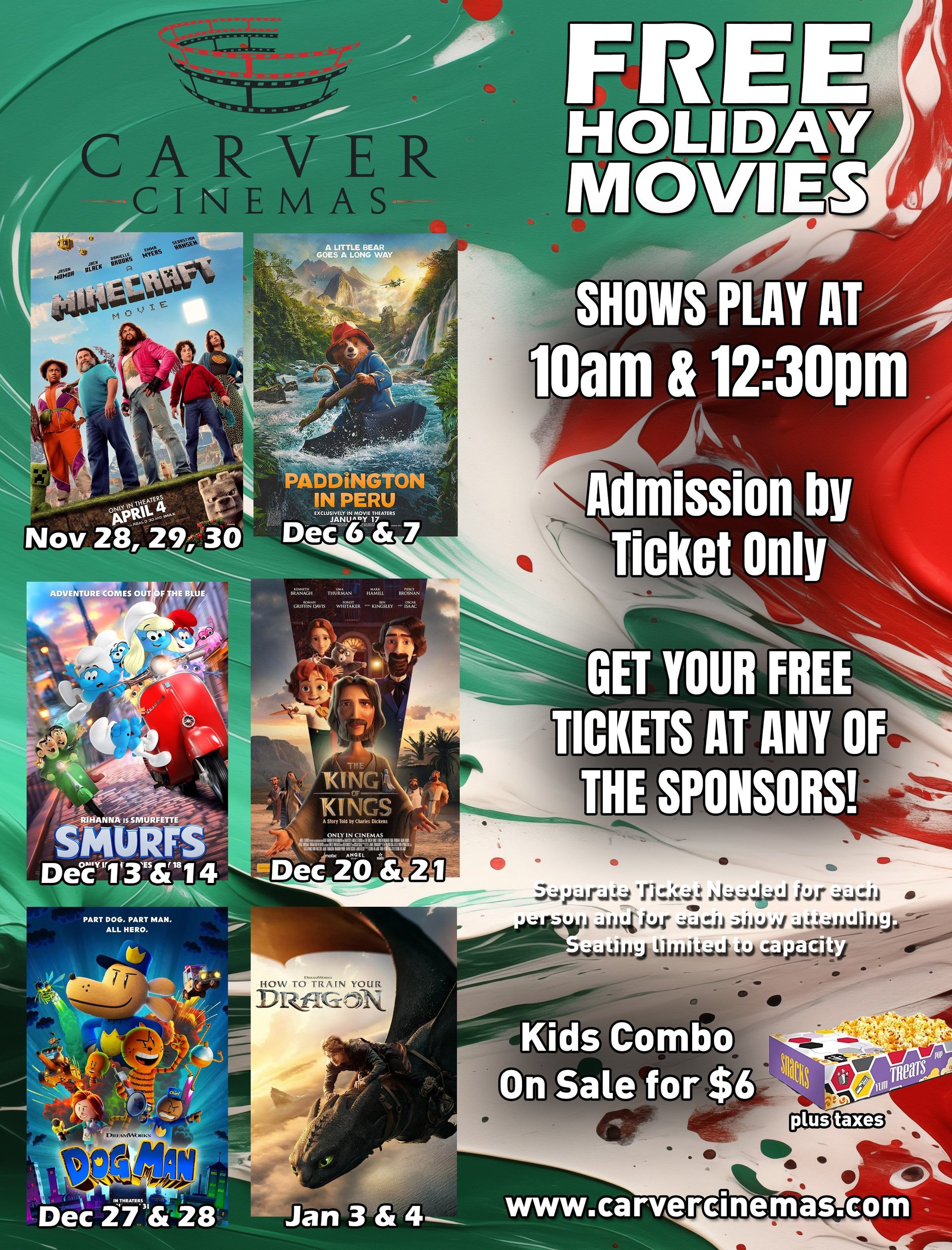 Free Holiday Movies poster showing the free movies including Super Mario Bros, Kung Fu Panda, TMNT, The Grinch, and How to Train Your Dragon