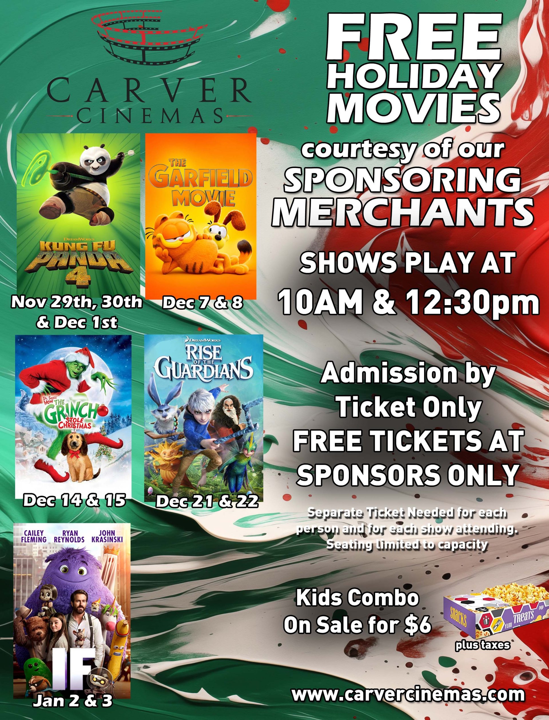 Free Holiday Movies poster showing the free movies including Super Mario Bros, Kung Fu Panda, TMNT, The Grinch, and How to Train Your Dragon