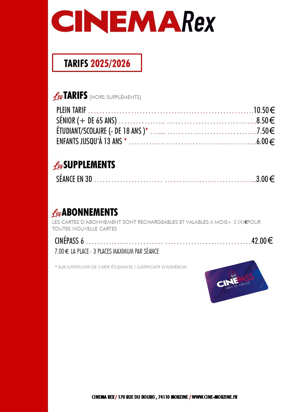 Tableau des tarifs du cinéma Rex de Morzine, incluant les prix des billets pour les films adultes, enfants, étudiants, et tarifs spéciaux pour les abonnements.