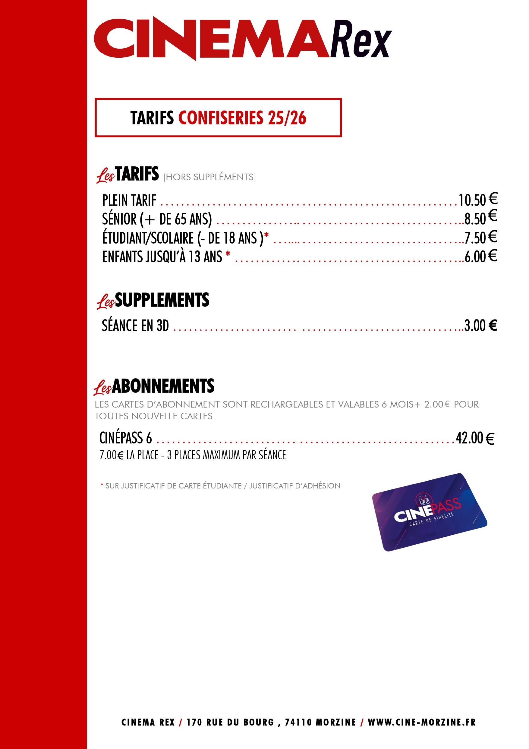 Tableau des tarifs du cinéma Rex de Morzine, incluant les prix des billets pour les films adultes, enfants, étudiants, et tarifs spéciaux pour les abonnements.