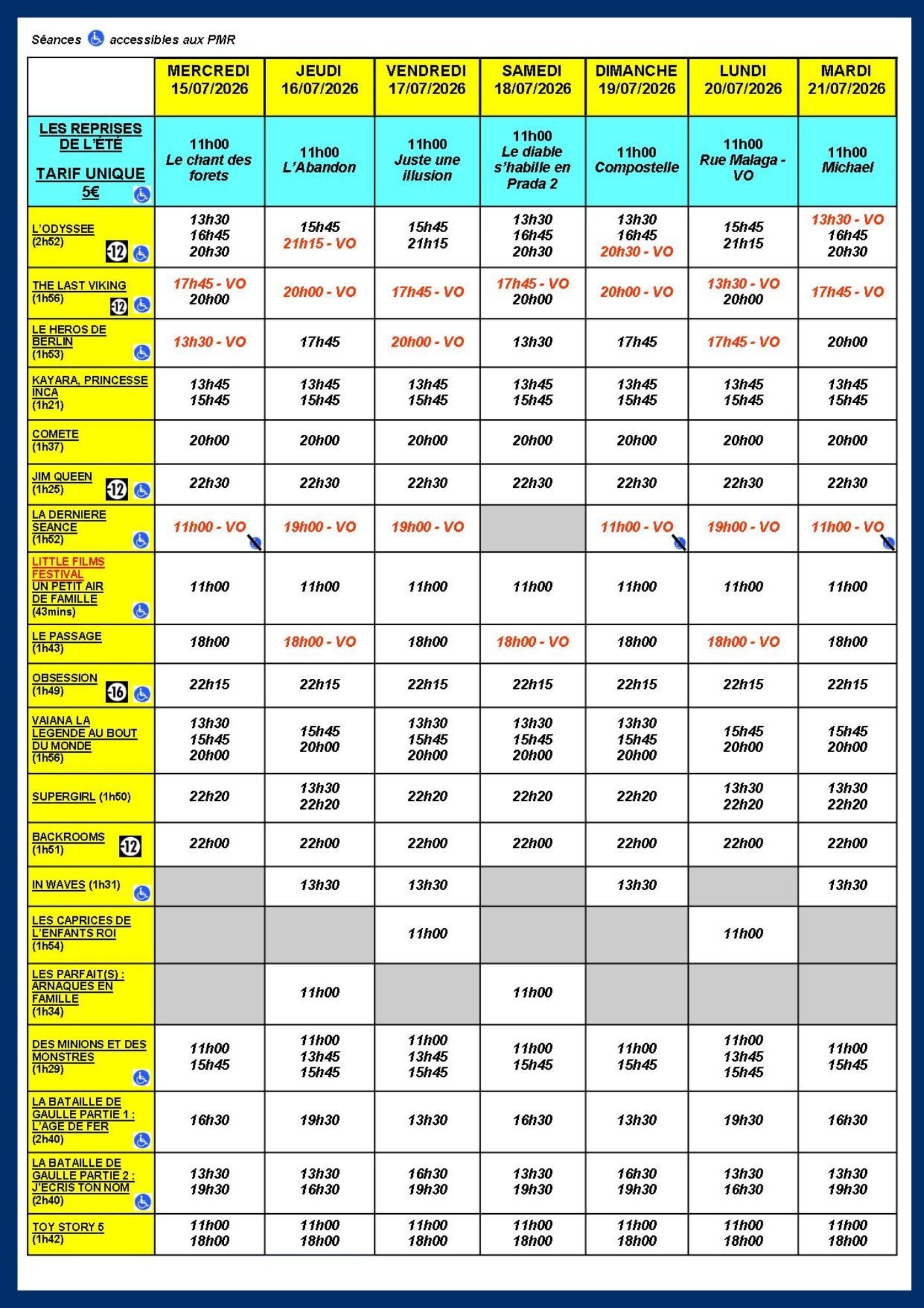 Programme de la semaine