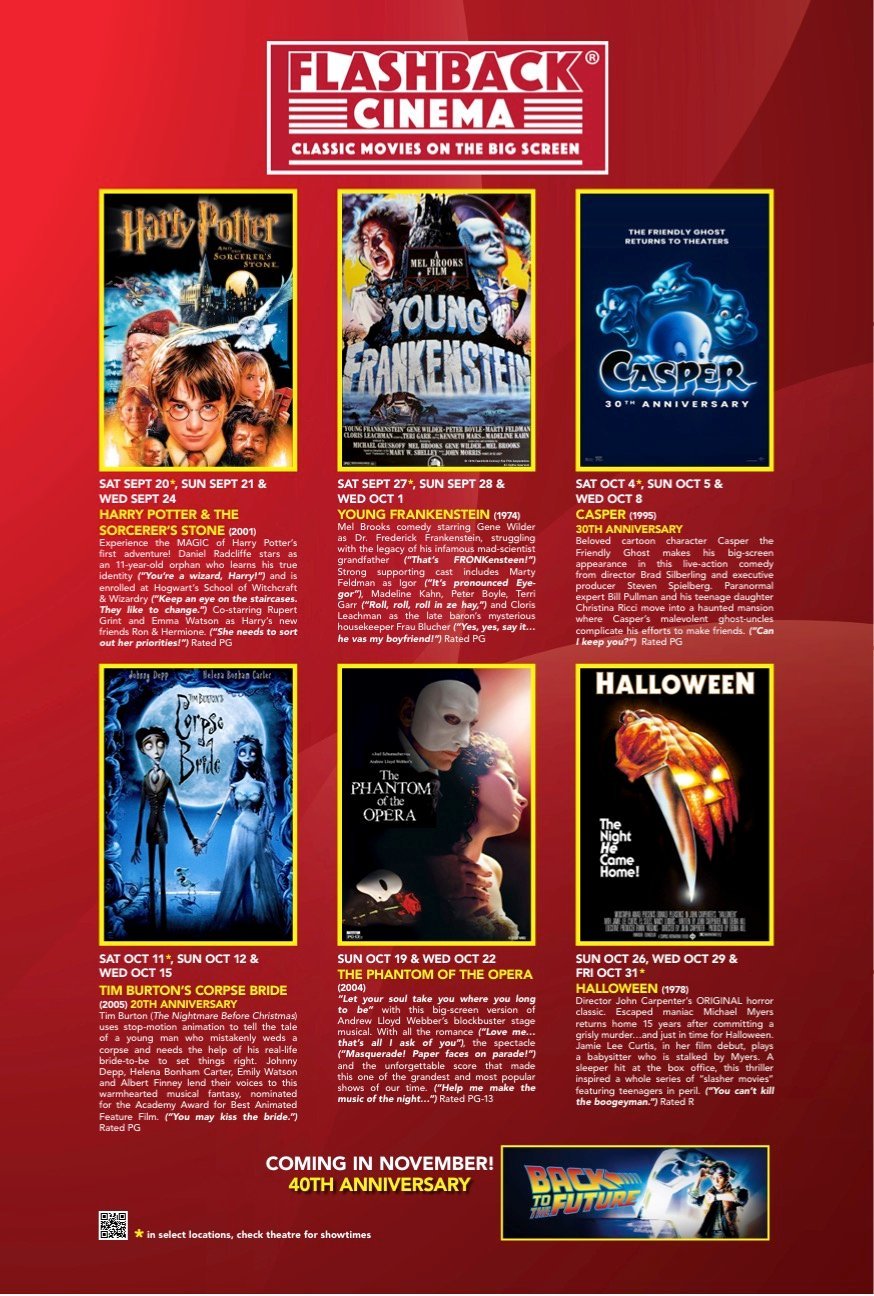 Flashback Cinemas schedule occurring September 20 through October 31
