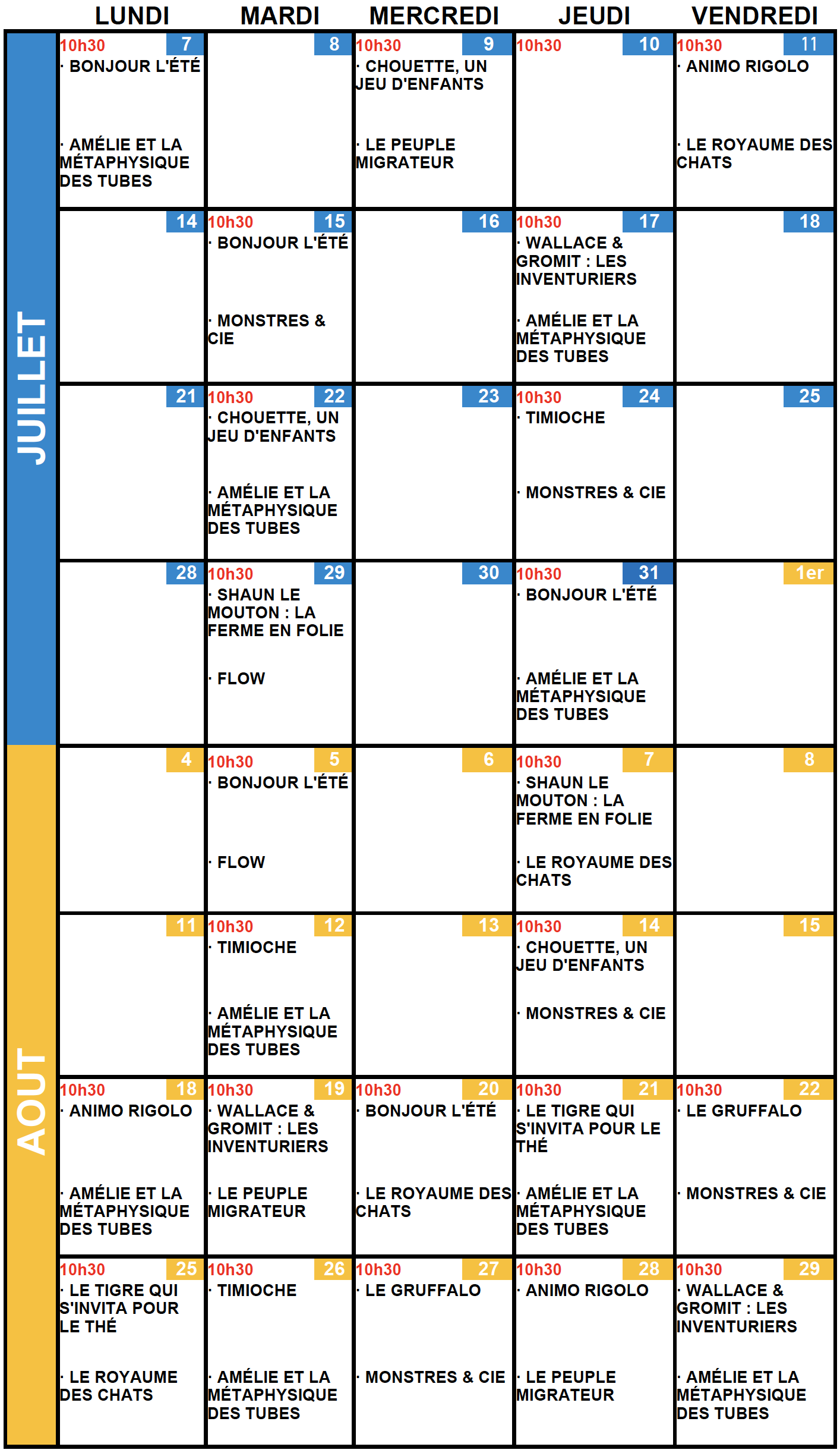 Calendrier des séances