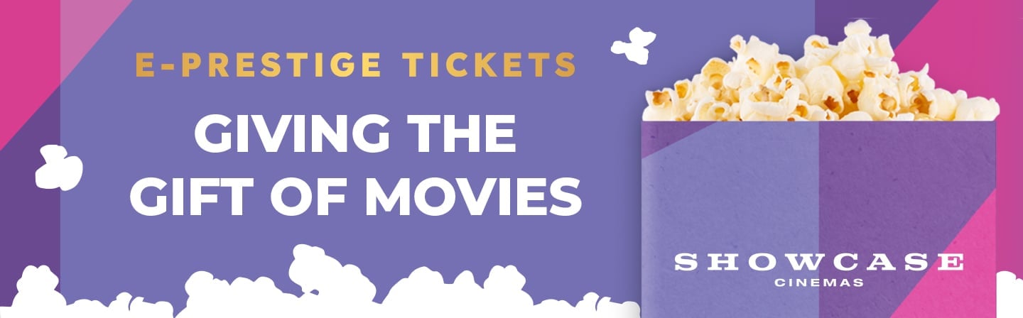 purple banner with a bucket of popcorn and giving the gift of movies text 