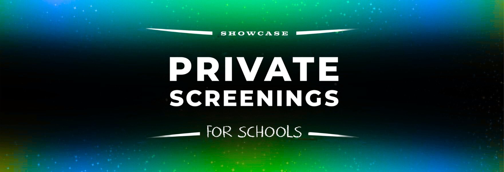 private screenings for schools in white text on a chalk board with doodles surrounding it 