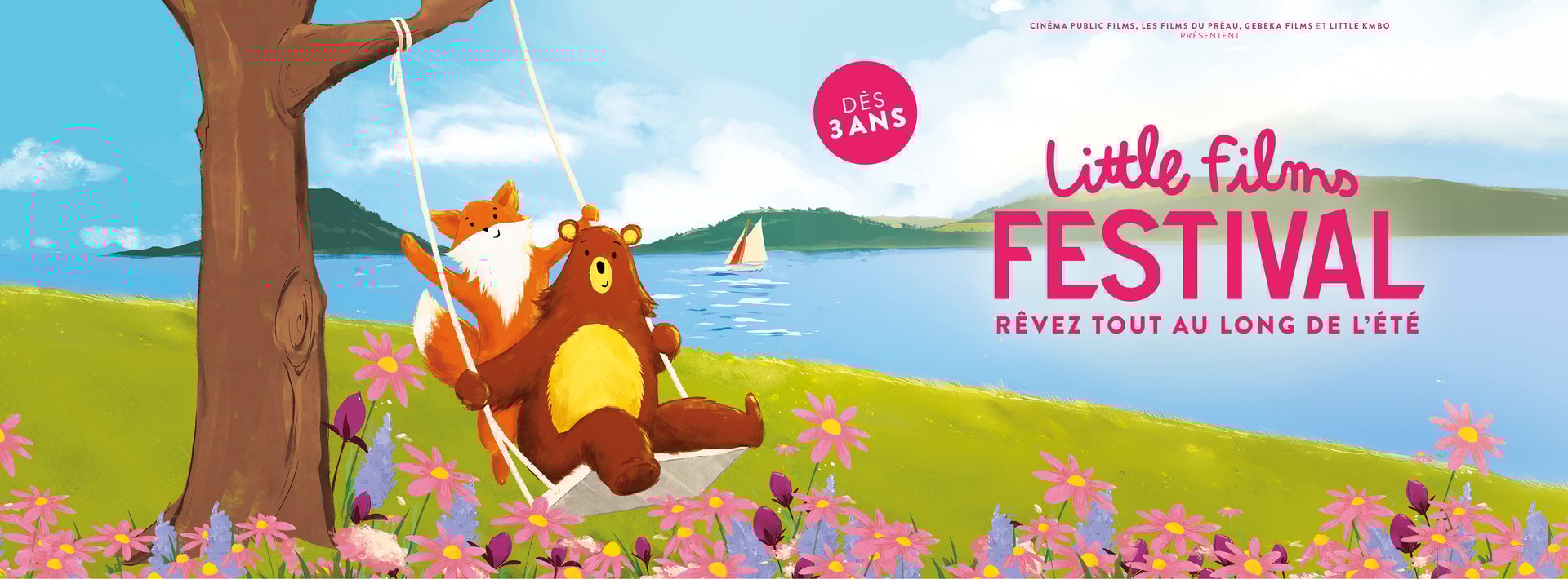 affiche du festival, un ours et un renard sur une balancoire près d'un lac