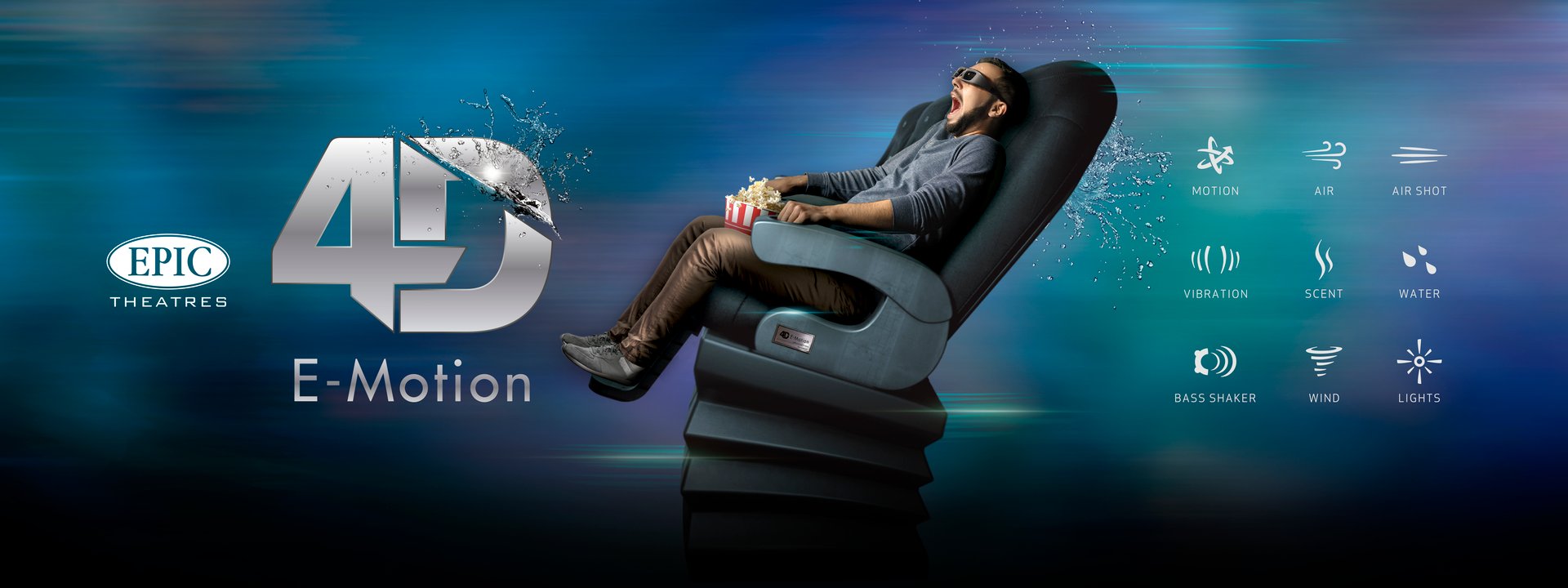 Man sitting in reclining moving chair with text describing E-Motion