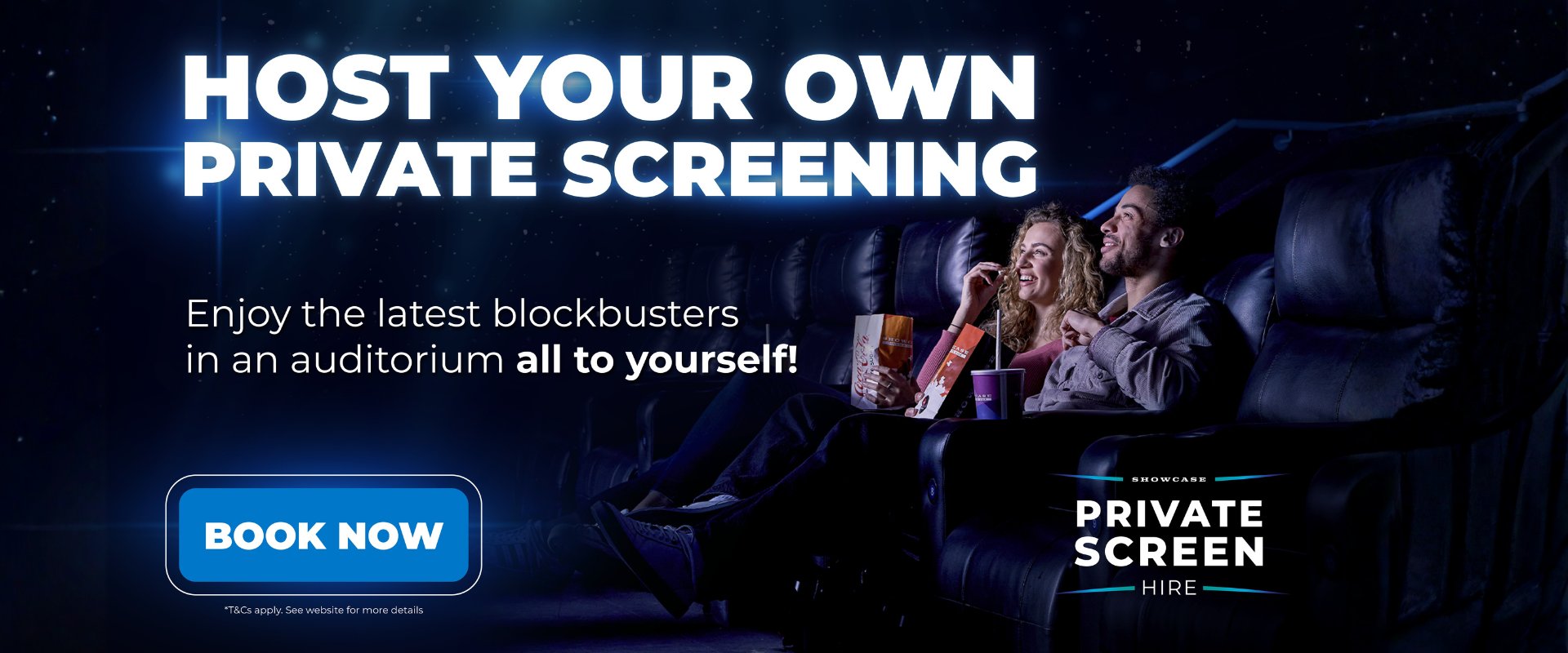 private screen hire in a white font on a dark red background