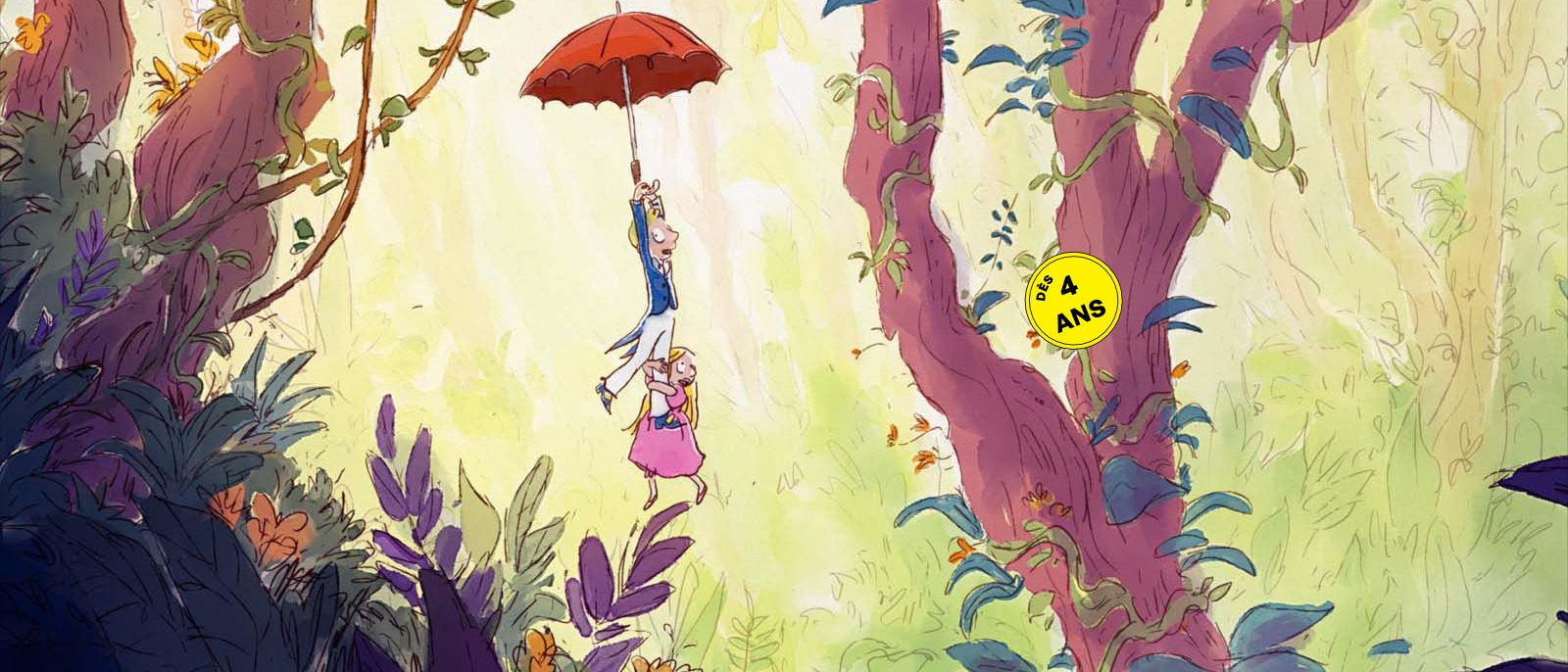 Dans une jungle, un garçon plane grâce à un parapluie pendant qu'une fille s'accroche à ses jambes