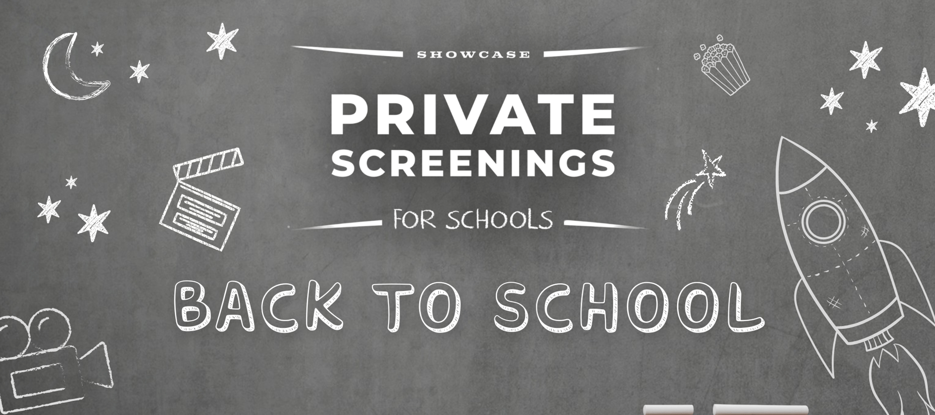 private screenings for schools in white text on a chalk board with doodles surrounding it