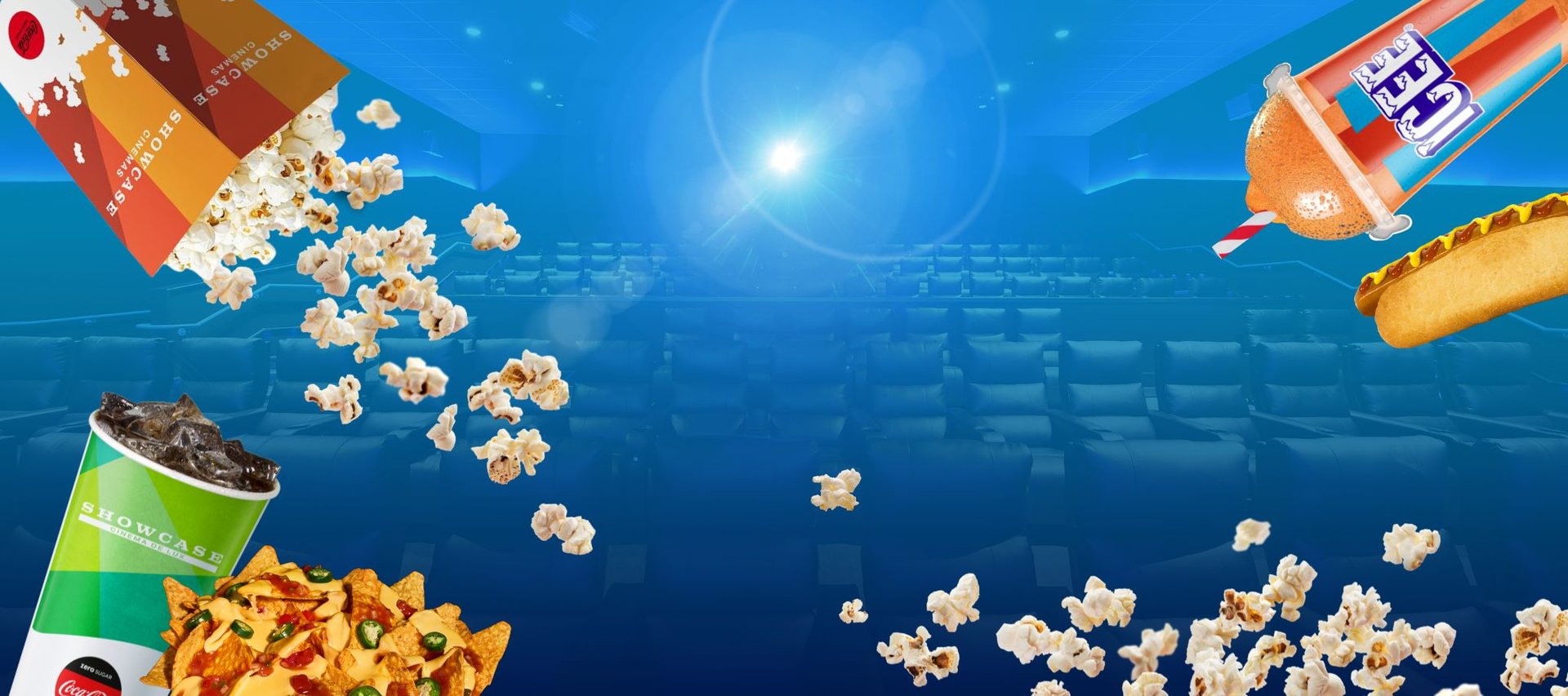 treats you love in white text on a dark blue background with images of snacks, popcorn and soft drinks
