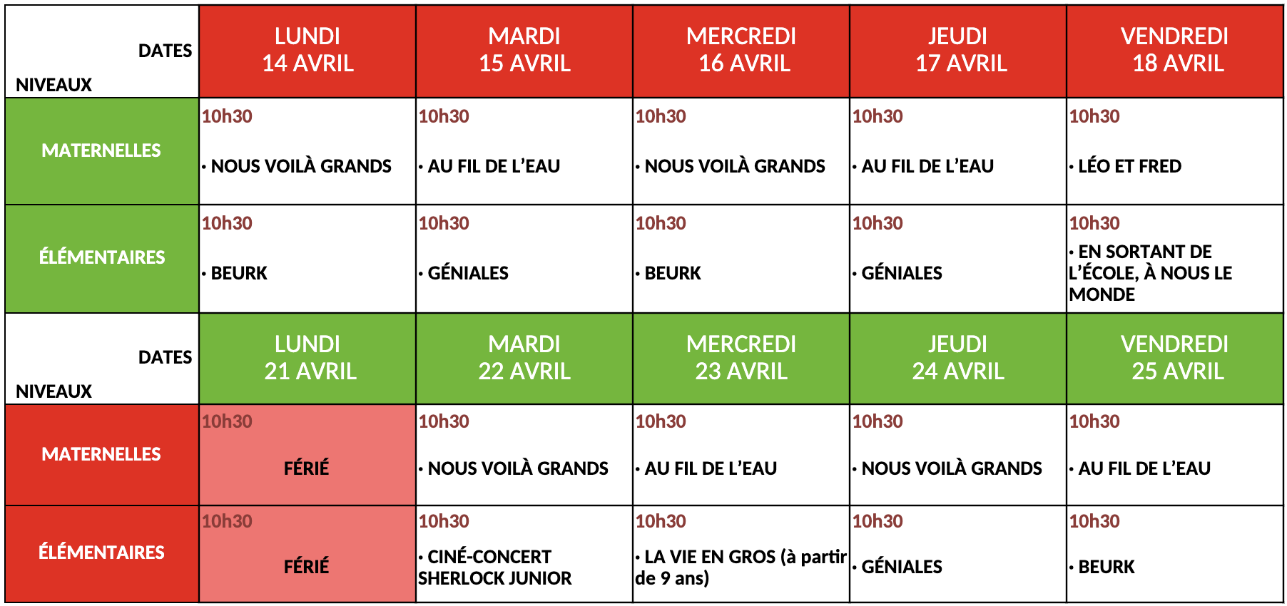 Calendrier des séances