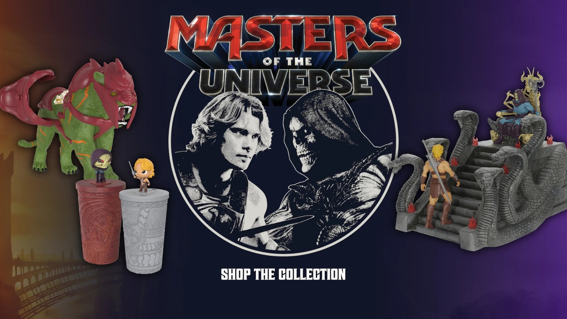 center is a large masters of the universe logo featuring image of He-Man and Skeletor. to the left is a Battlecat popcorn container and 2 drink cups. to the right is Skeletor's throne LED popcorn tub