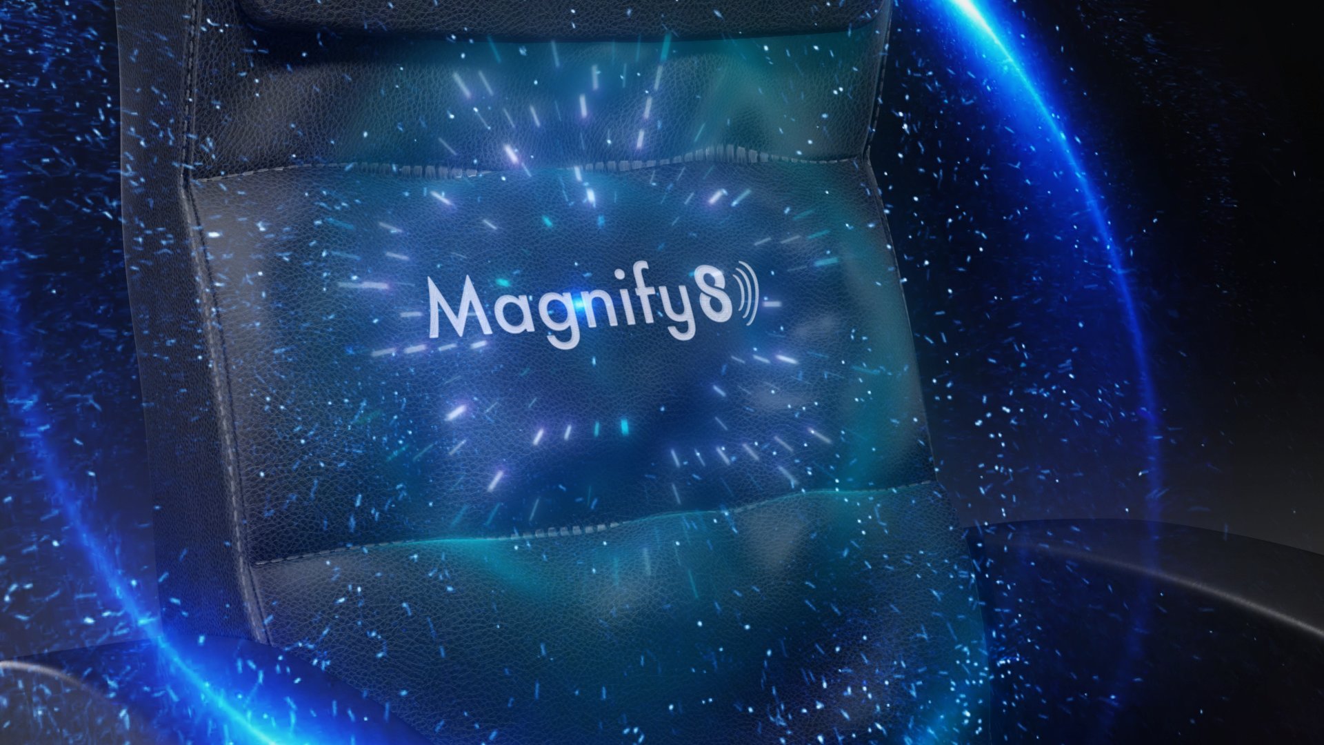 Close up of back of chair. Magnify 8 logo in the center. burst of blue sparkles hovers of the logo