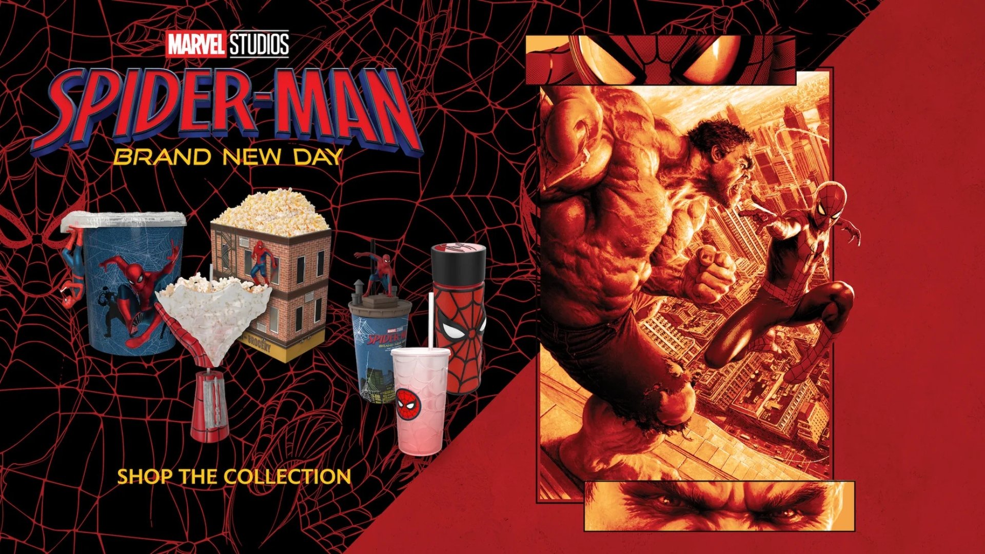 spider-man brand new day merch featuring multiple specialty popcorn tubs and cups