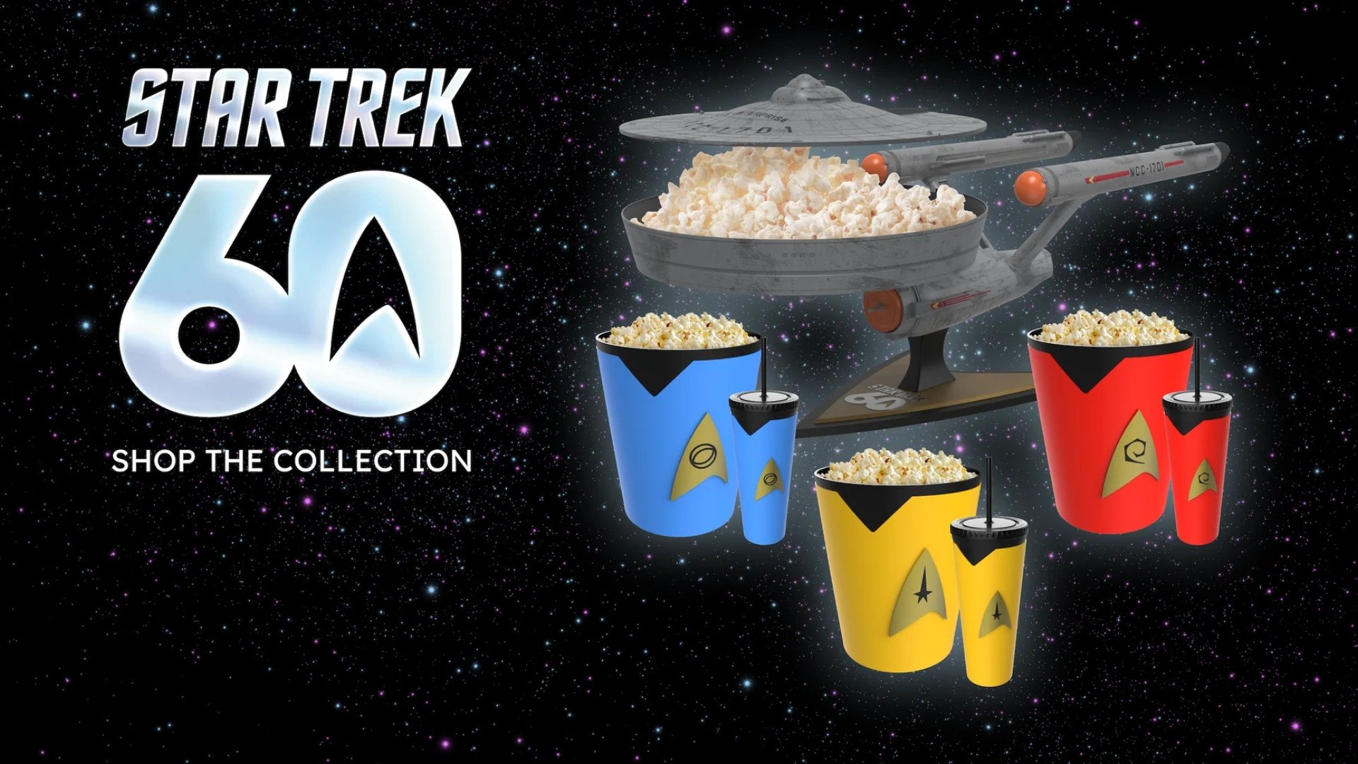 black starry background featuring STAR TREK 60 logo. To the right is a ship holding popcorn, and 3 tubs and 3 drink cups. One combo is blue, one is red, and one is yellow!
