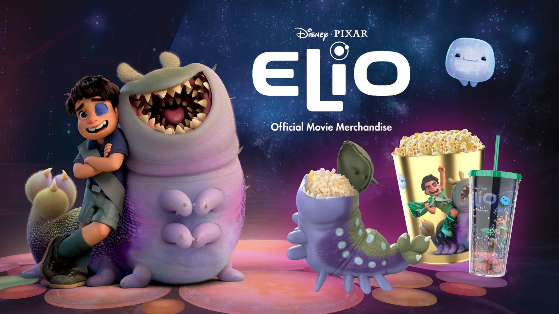 two characters from Elio movie standing back to back. 2 themed popcorn containers and 1 cup