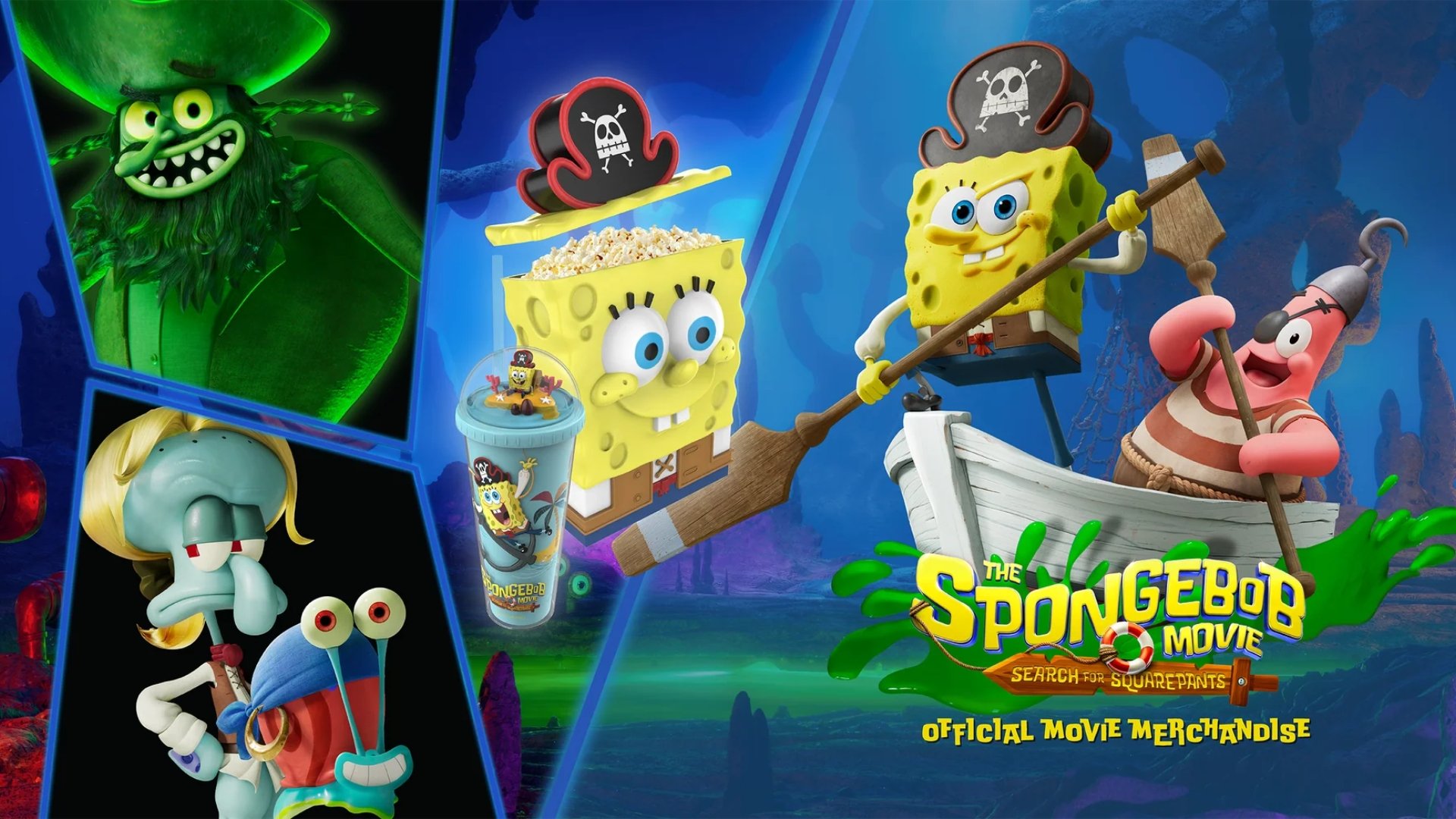 spongebob characters surrounding a spongebob popcorn tub & a cup