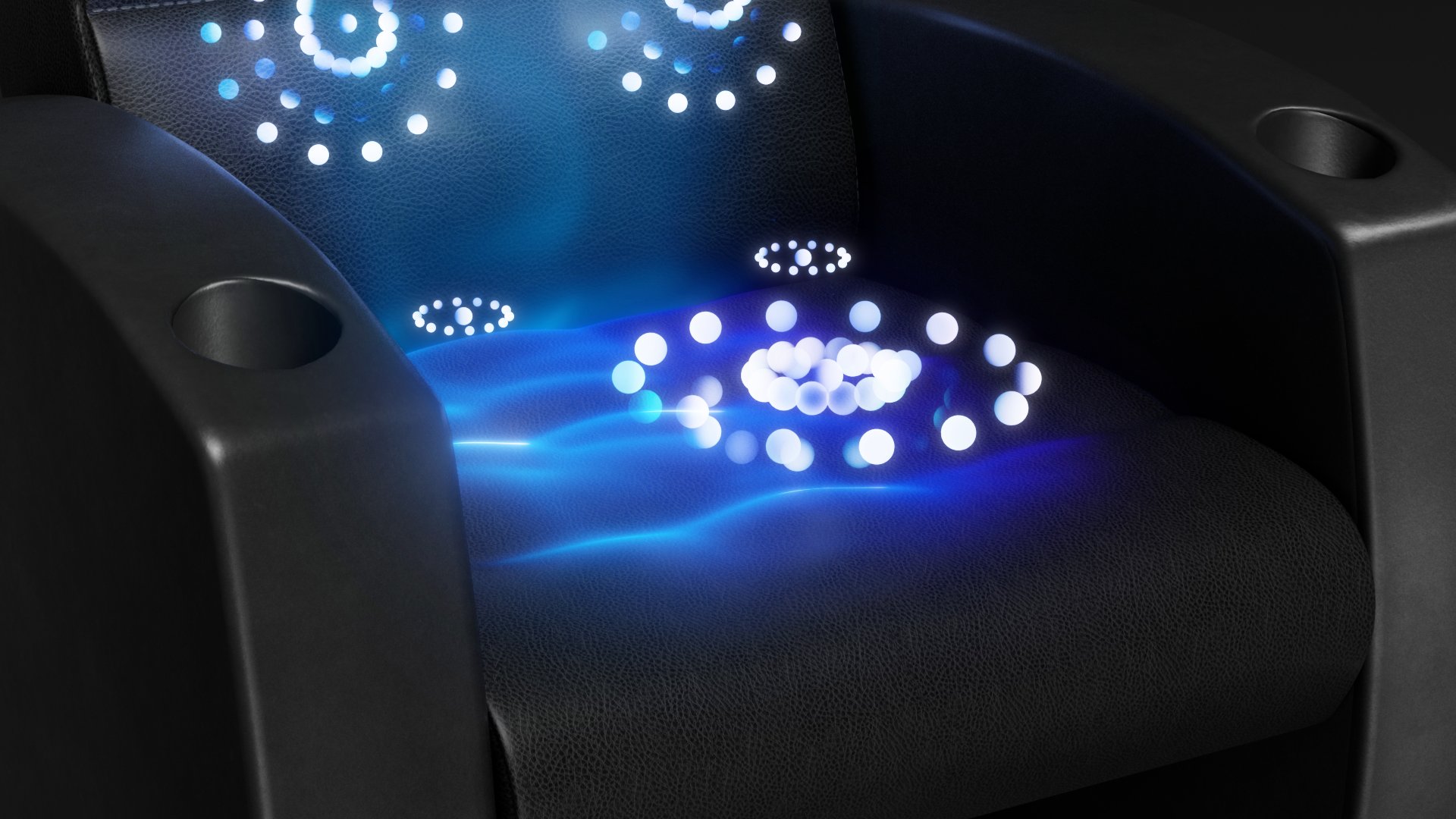 close up of seat. white dots forming a circle hover over areas of the seat
