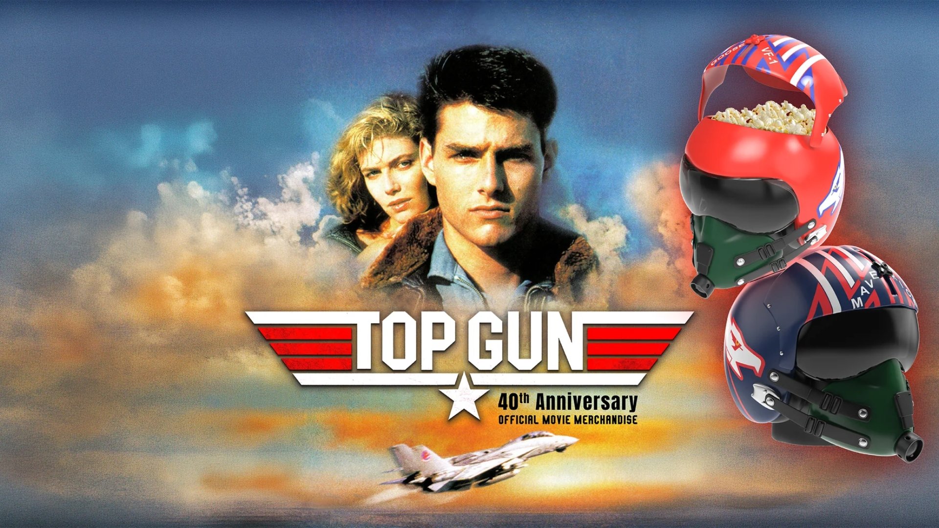 top gun 40th anniversary official movie merchandise. There's a floating head of Maverick & a woman, below them is a plane, to the right are 2 popcorn tubs that look like the helmets they wear