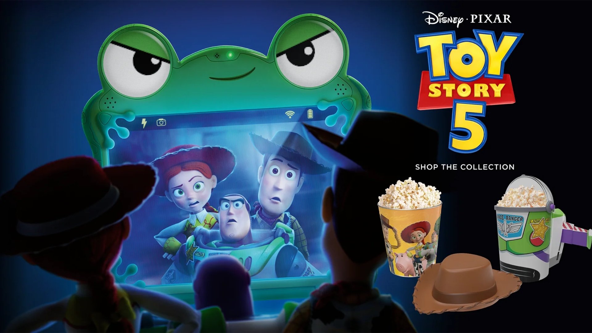 Toy story 5 promotional images - text reads Disney Pixar Toy Story 5 SHOP THE COLLECTION. There is a tin popcorn tub with a woody hat & a buzz lightyear tub