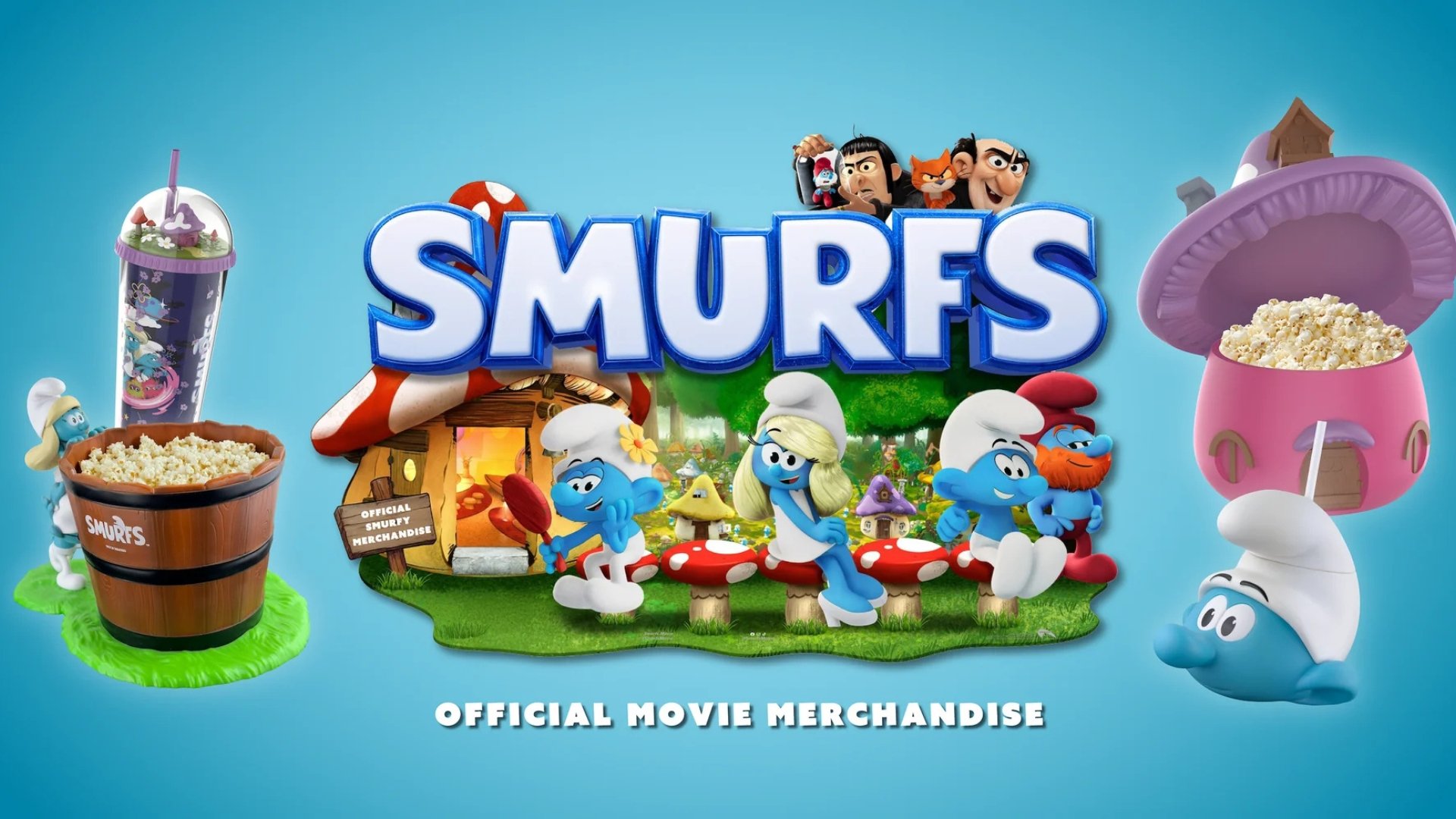 light blue-ish background. 2 popcorn buckets and 2 drink cups surround the smurfs logo with images of the smurfs underneath