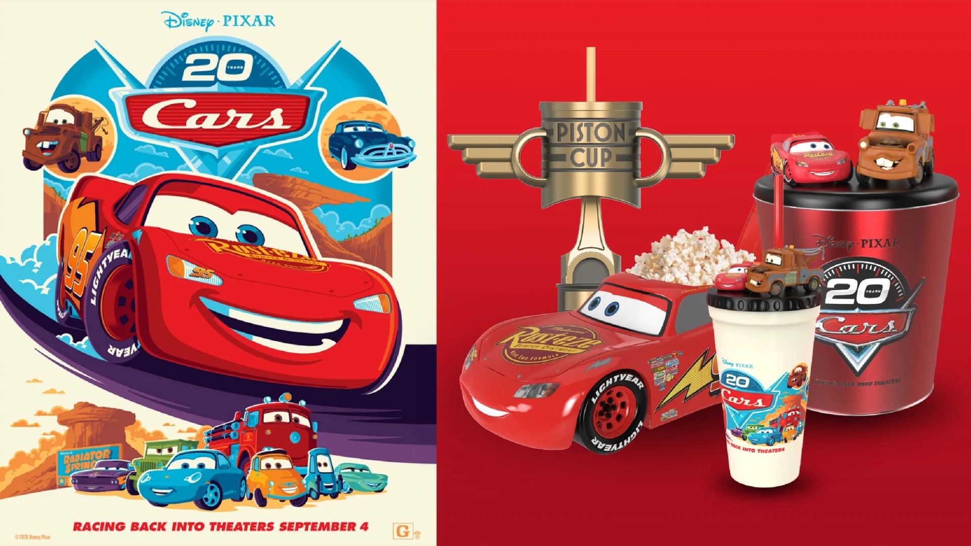 To the left is a Cars 20th Anniversary Poster. To the right is a red background. In the foreground are themed movie merch, including: Piston Cup Trophy drink cup, Lightning McQueen car shaped Popcorn Tub, a Cars 20th Popcorn Tub with a lid that has Lightning and Mater on top, and a Cars 20th Cup.