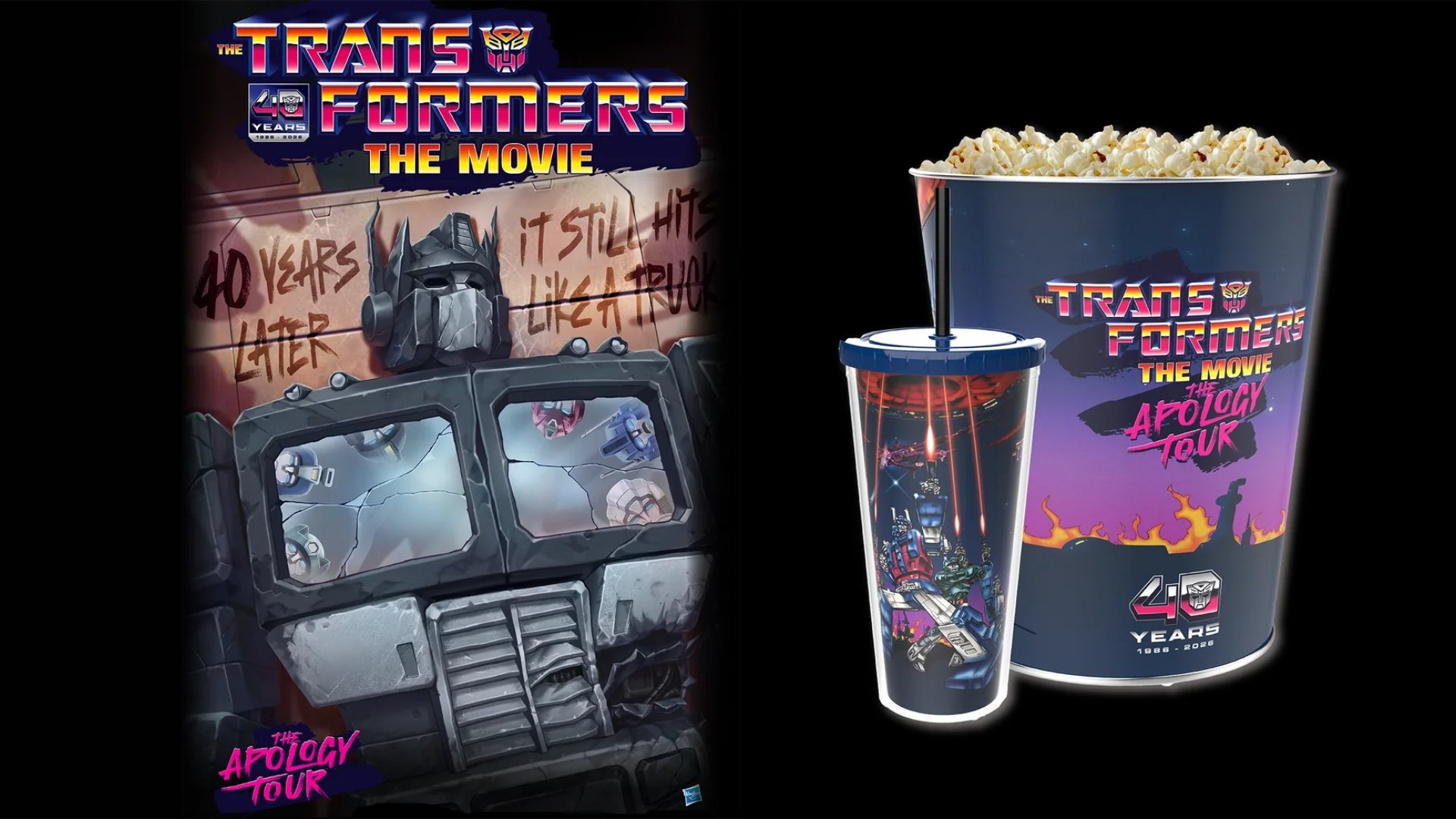 black background featuring a Transformers poster on the left. To the right is a Transformers Popcorn Tub and Cup