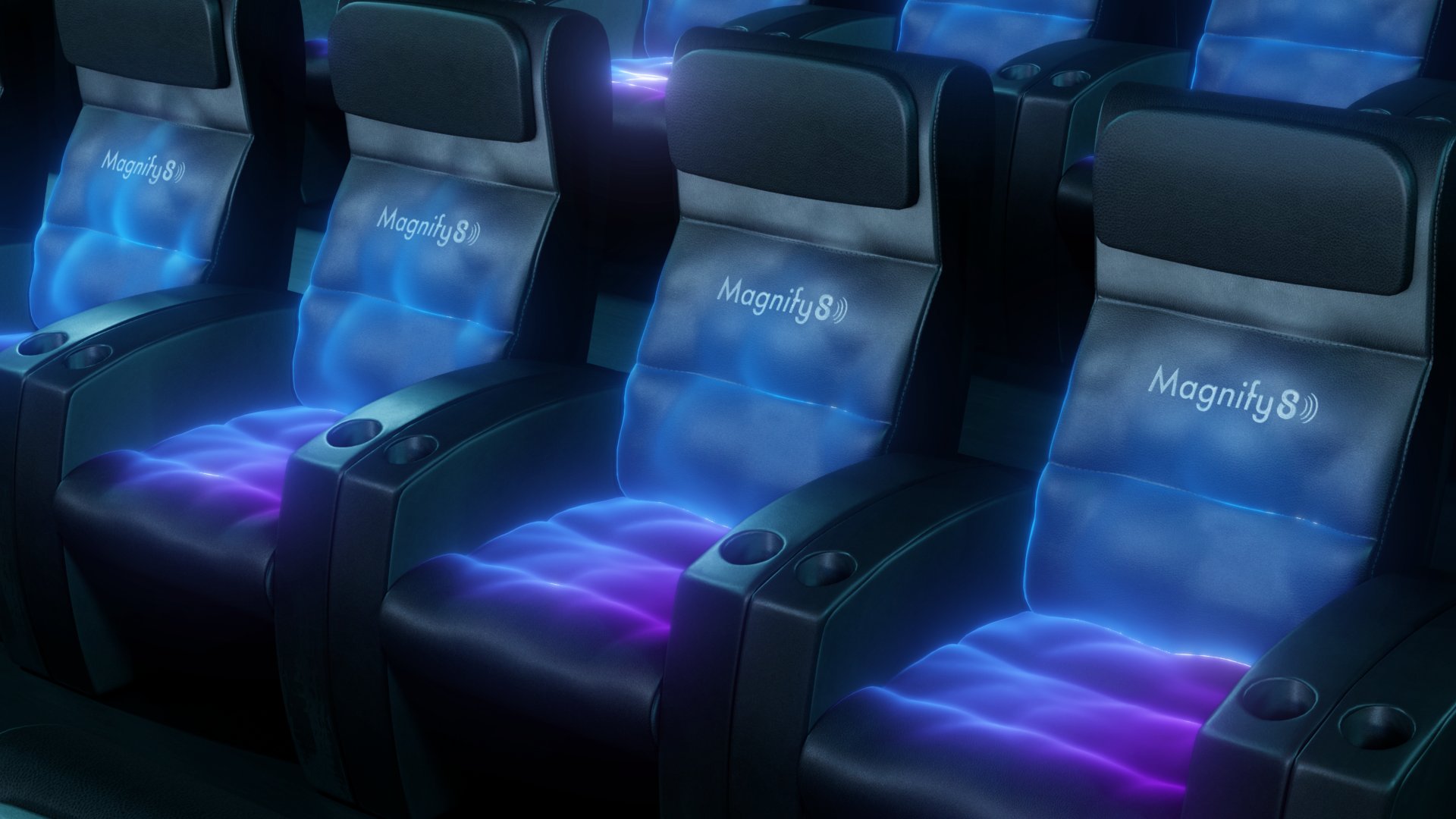 close up row of seats with blue/purple haze over the lower back and seat areas
