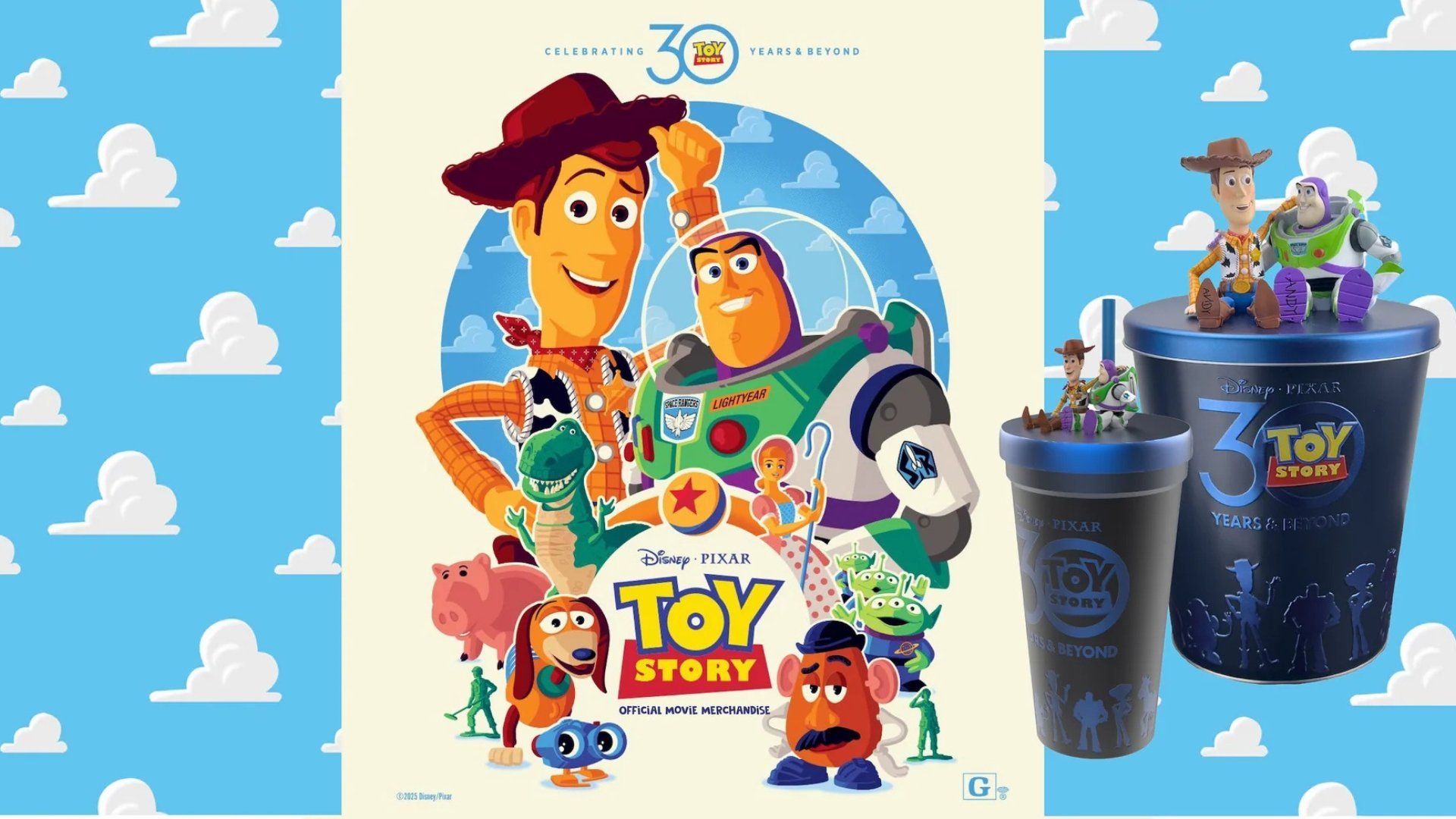 sky blue background with white clouds. center is a white Toy Story poster featuring many different characters. Text reads Disney Pixar Toy Story Official Movie Merchandise. To the right are a dark blue with light blue accents Popcorn Tub and Drink tumbler. The lids feature miniature Buzzy and Woody action figures seated on top.