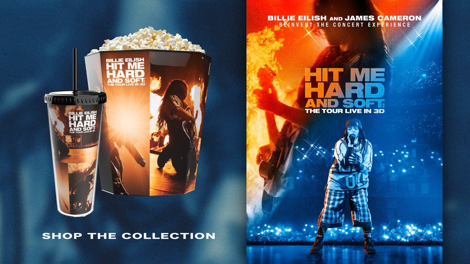 to the left is a billie eilish popcorn tub & cup, to the right is the billie eilish hit me hard and soft poster
