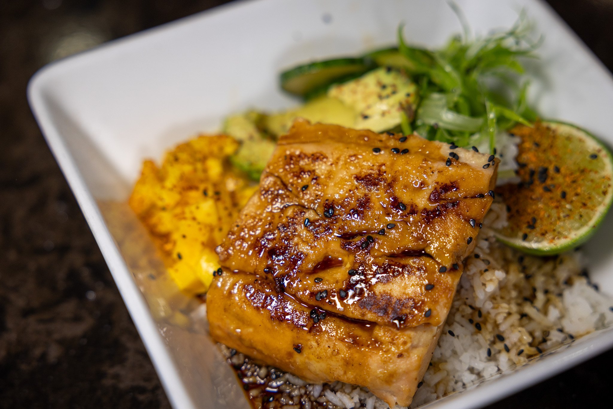 miso salmon rice bowl with mango