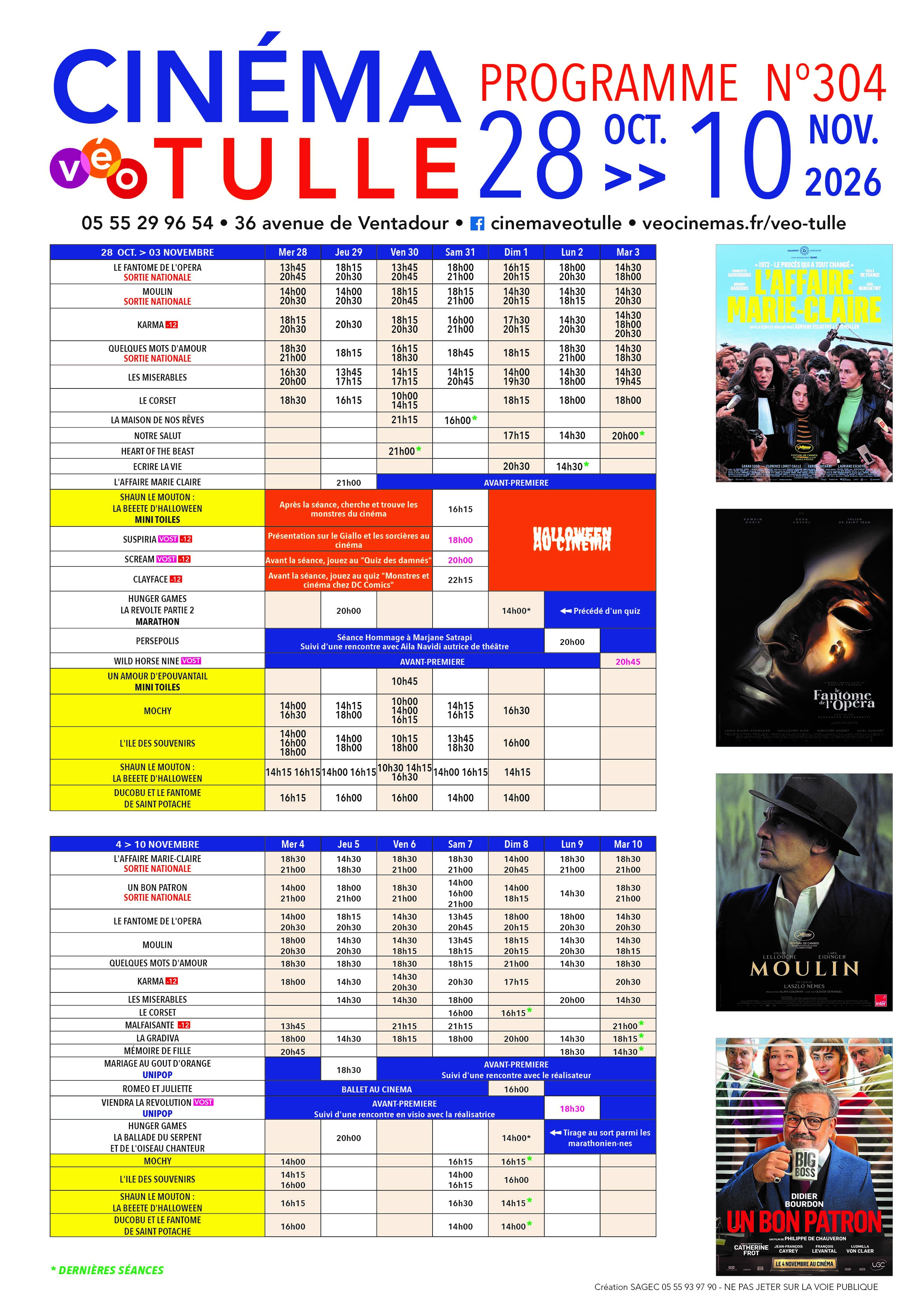 Grille horaire des séances programmées au Véo Tulle