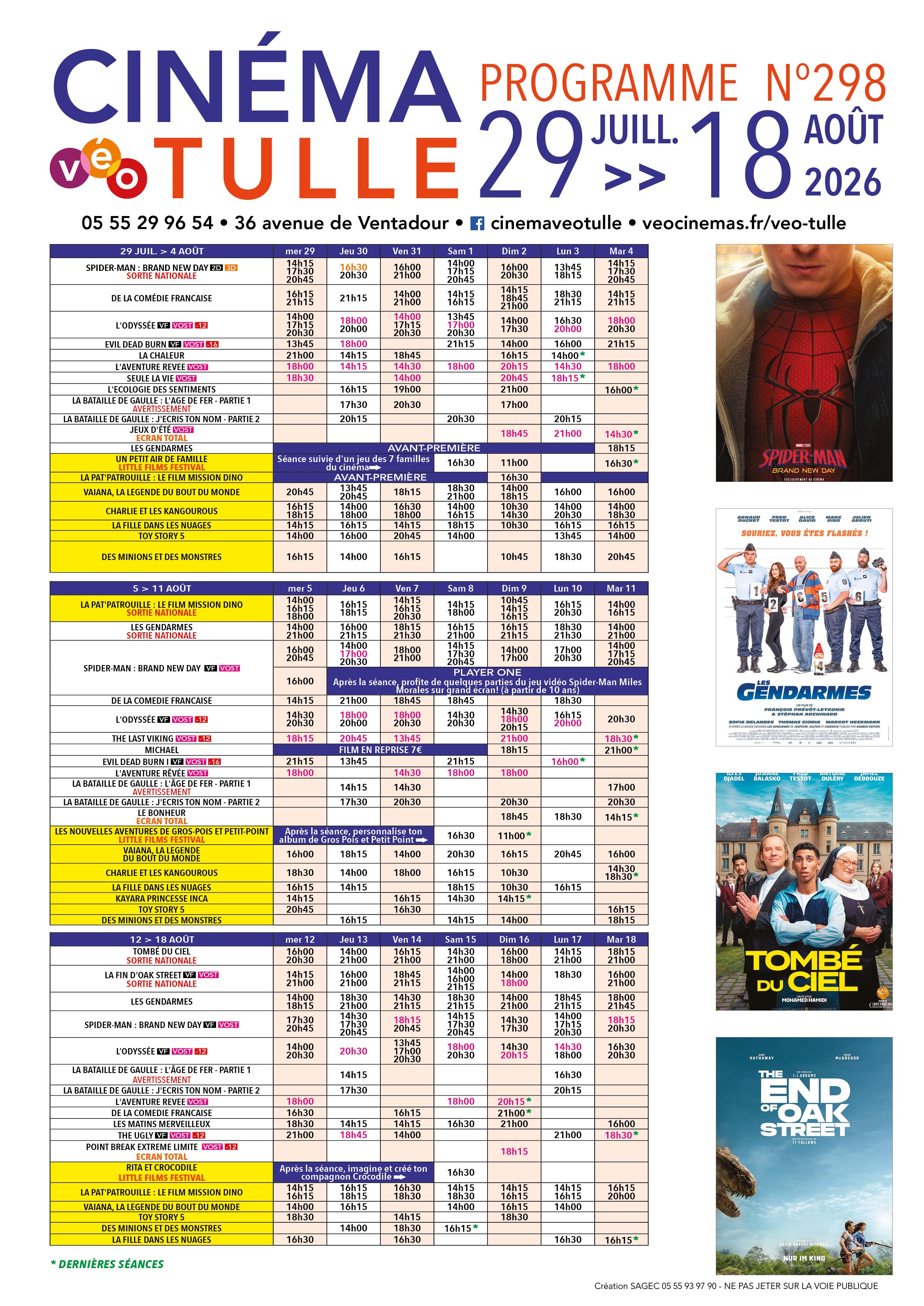 Grille horaire des séances programmées au Véo Tulle