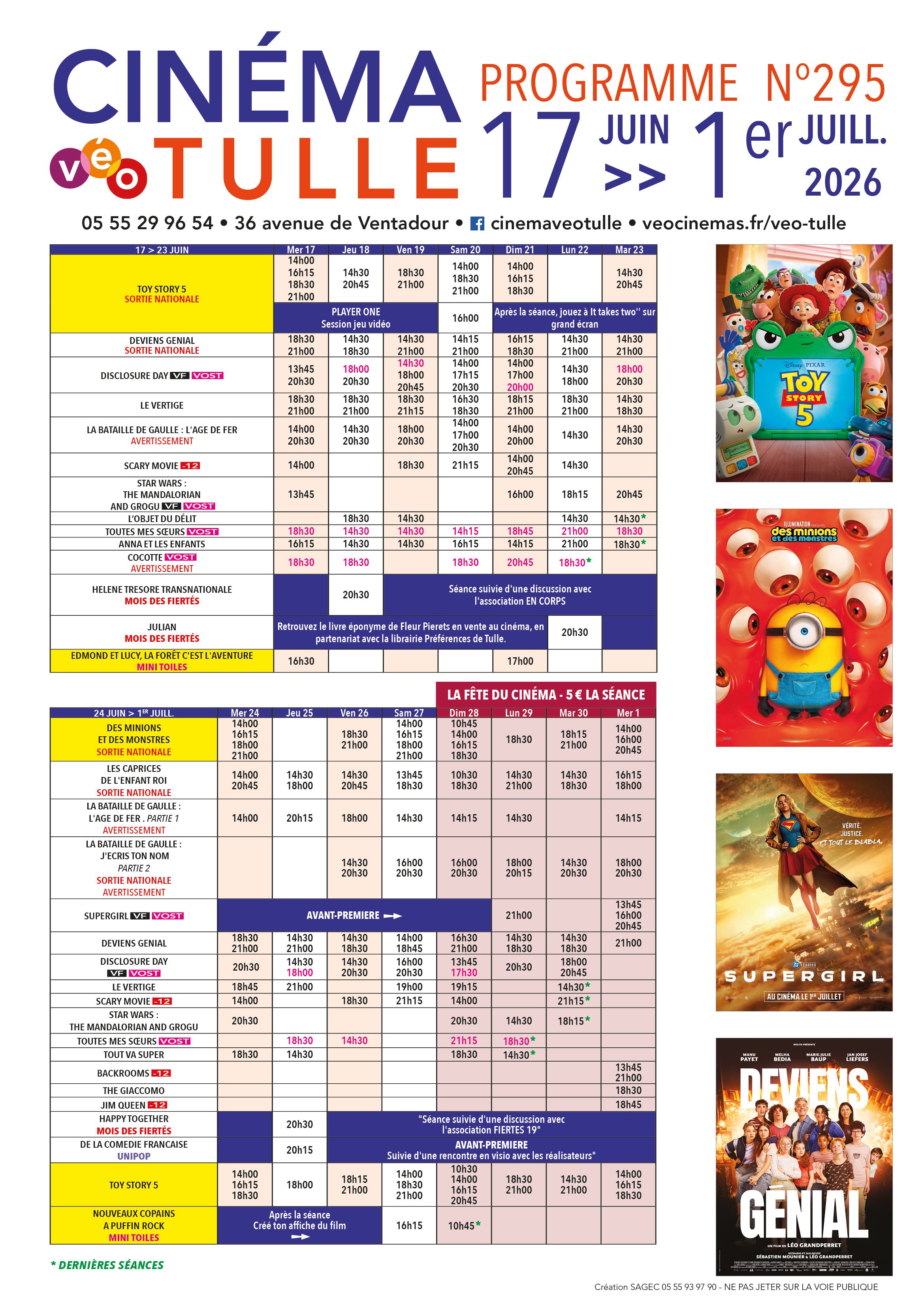 Grille horaire des séances programmées au Véo Tulle