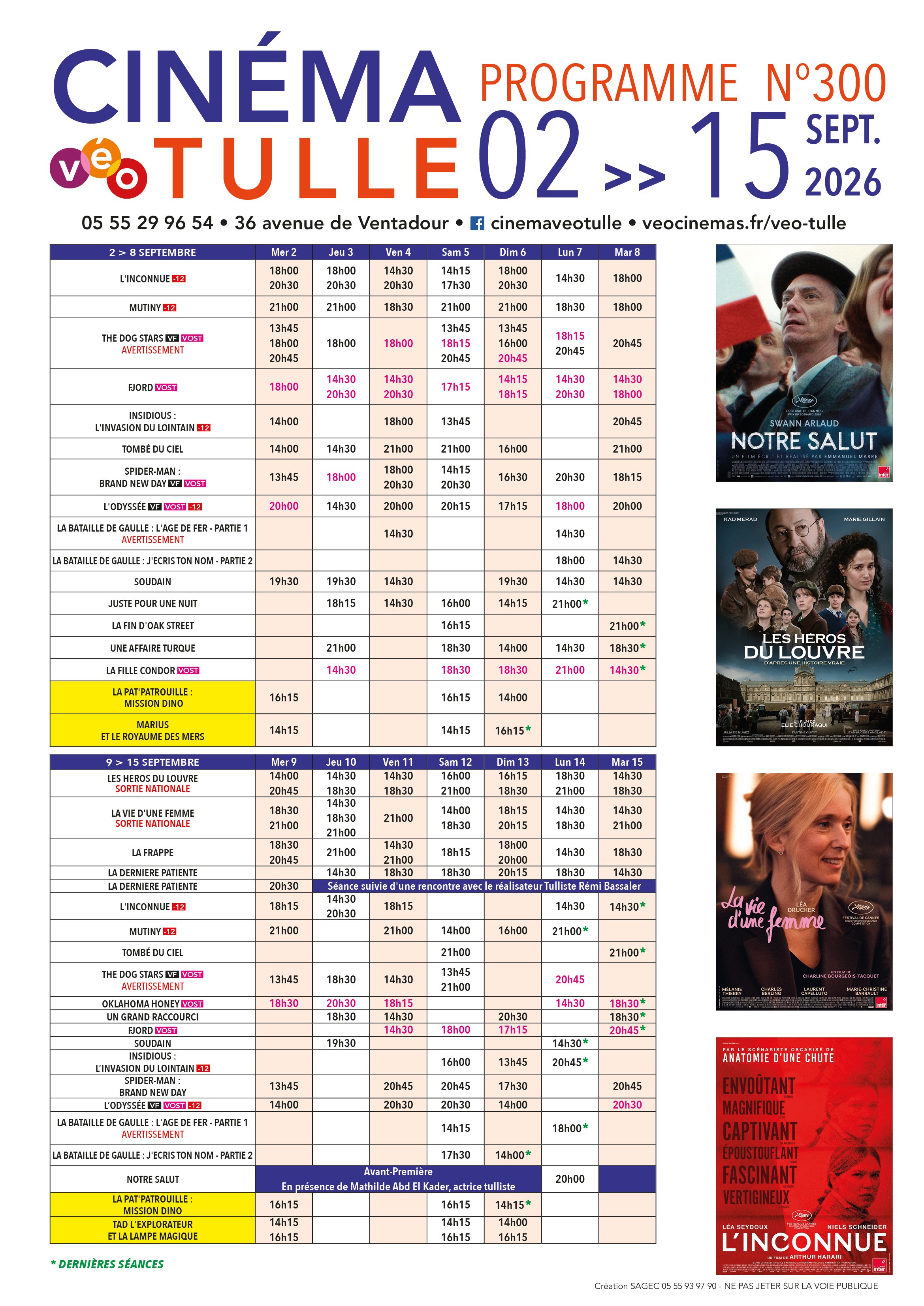 Grille horaire des séances programmées au Véo Tulle