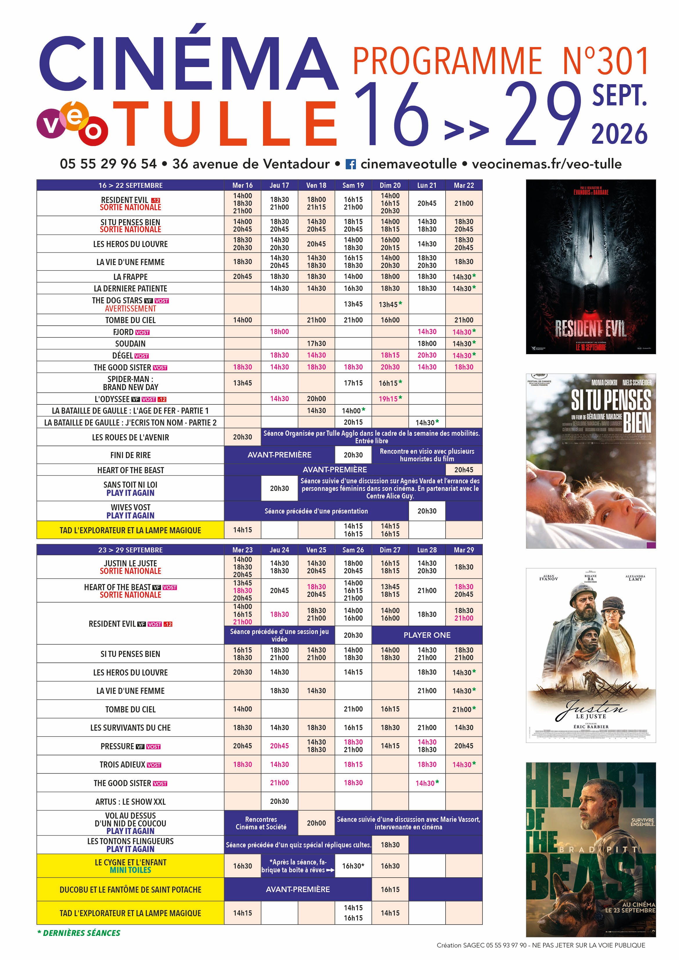 Grille horaire des séances programmées au Véo Tulle