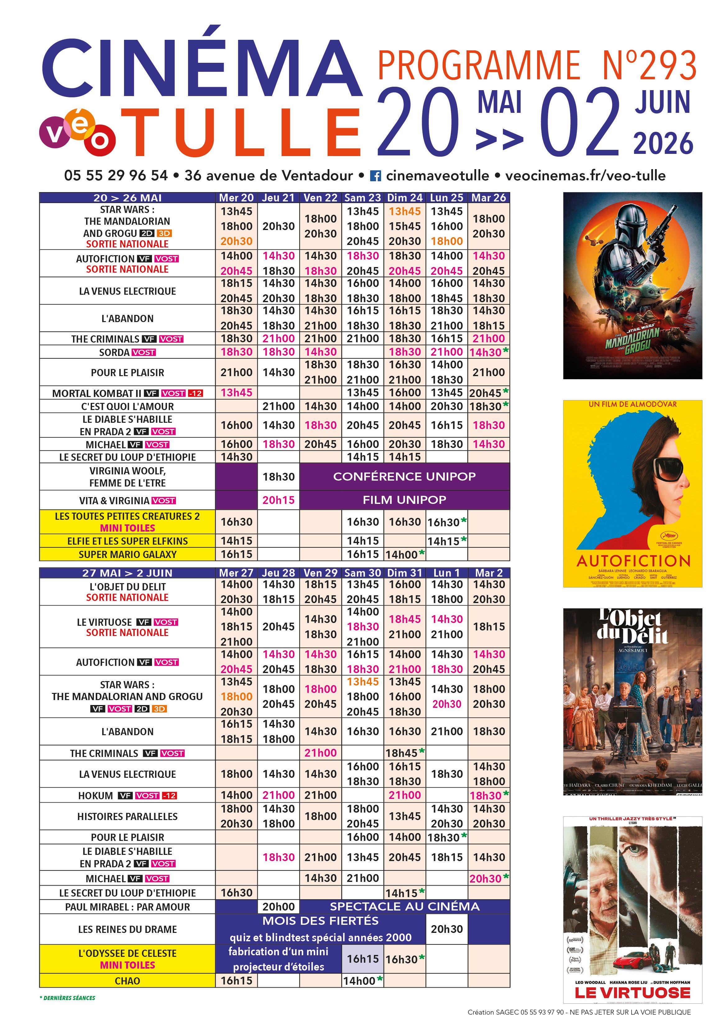 Grille horaire des séances programmées au Véo Tulle
