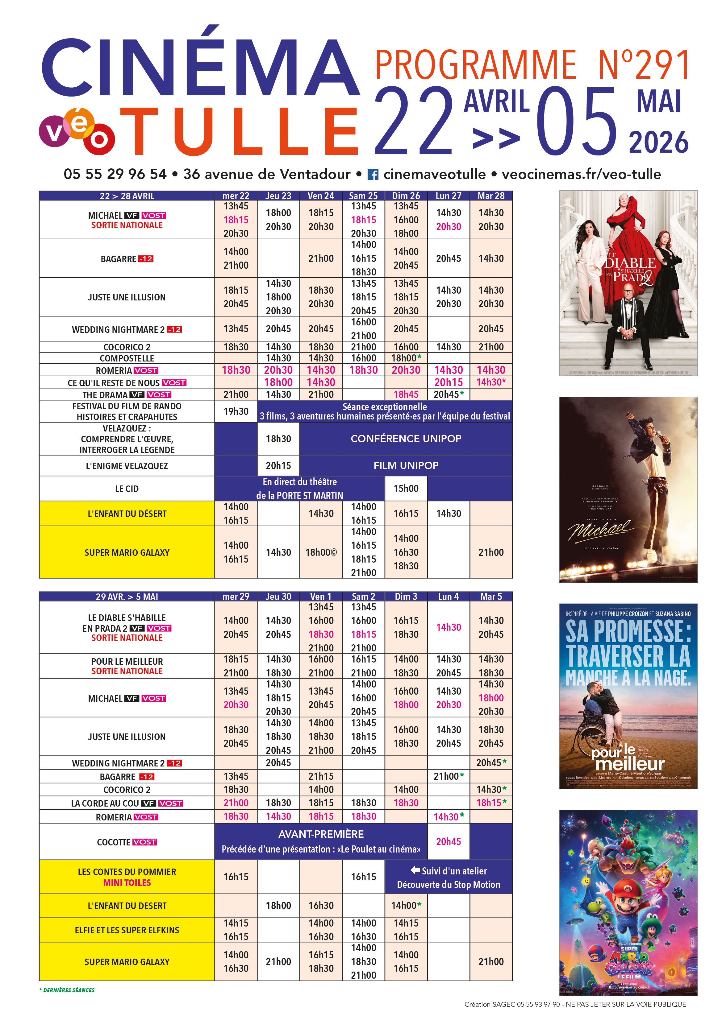 Grille horaire des séances programmées au Véo Tulle