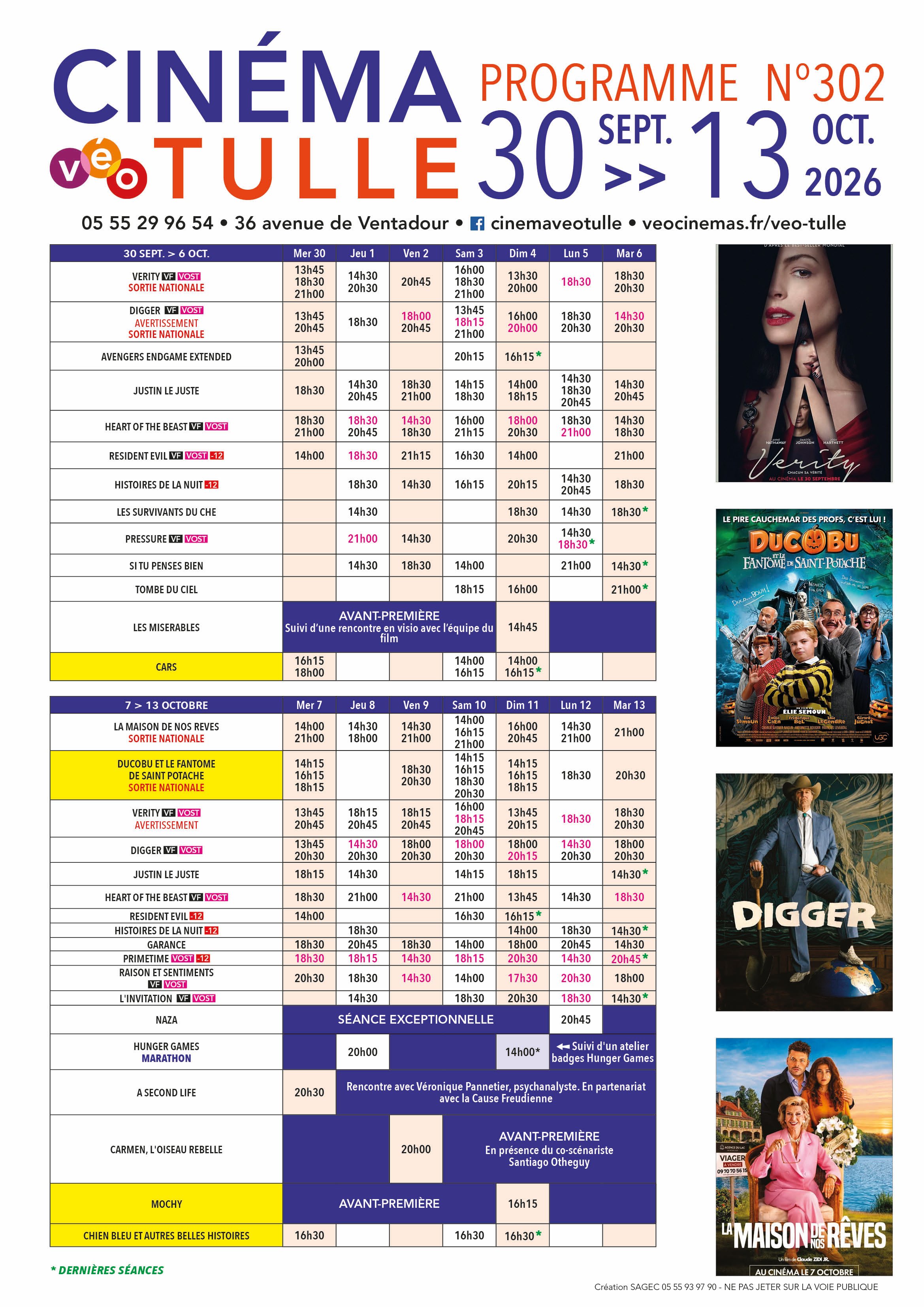 Grille horaire des séances programmées au Véo Tulle