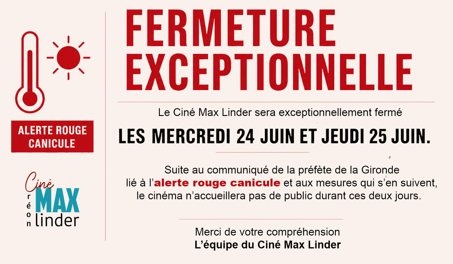 FERMETURE EXCEPTIONNELLE ALERTE ROUGE CANICULE