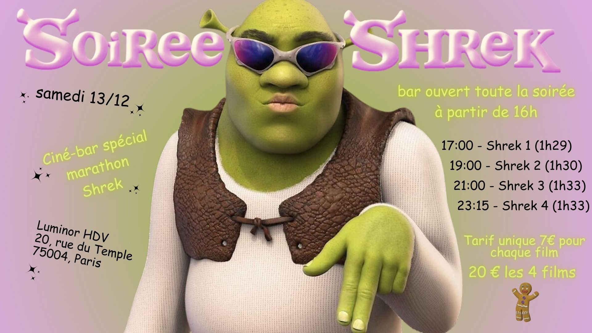 Sam 13/12 : ciné-bar spécial MARATHON SHREK 