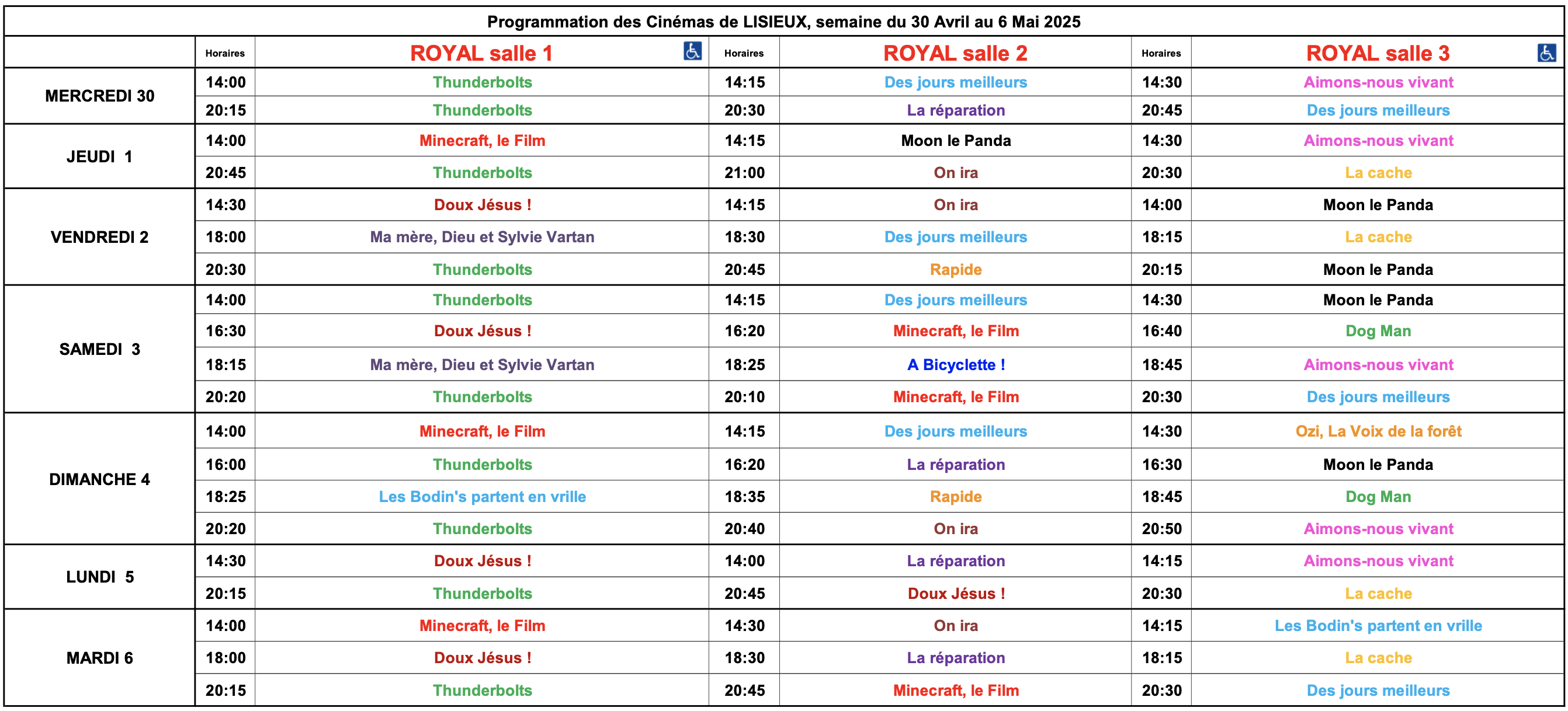 Grille des horaires de la semaine 2518