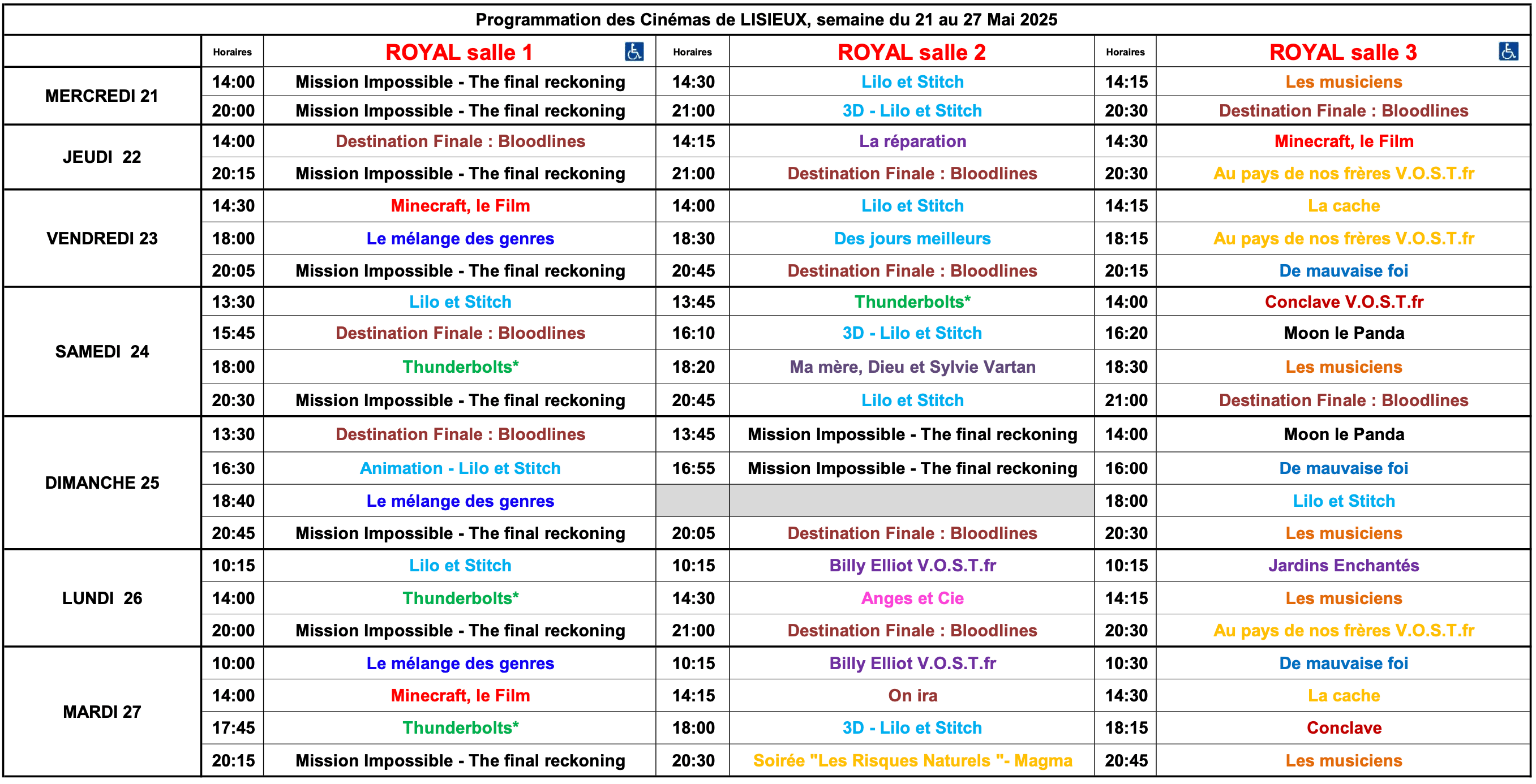 Grille des horaires de la semaine 2521